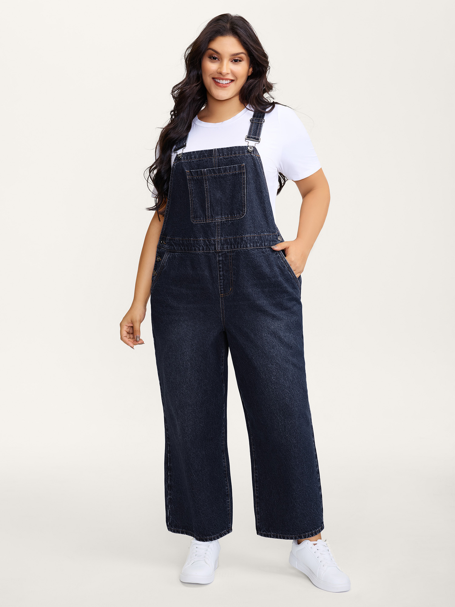 BloomChic Women's Plus Size Cotton Relaxed-Fit Side Button Overall Denim Jumpsuit Midnight not graphics Casual Non No stretch 12/L-image-48364368330922