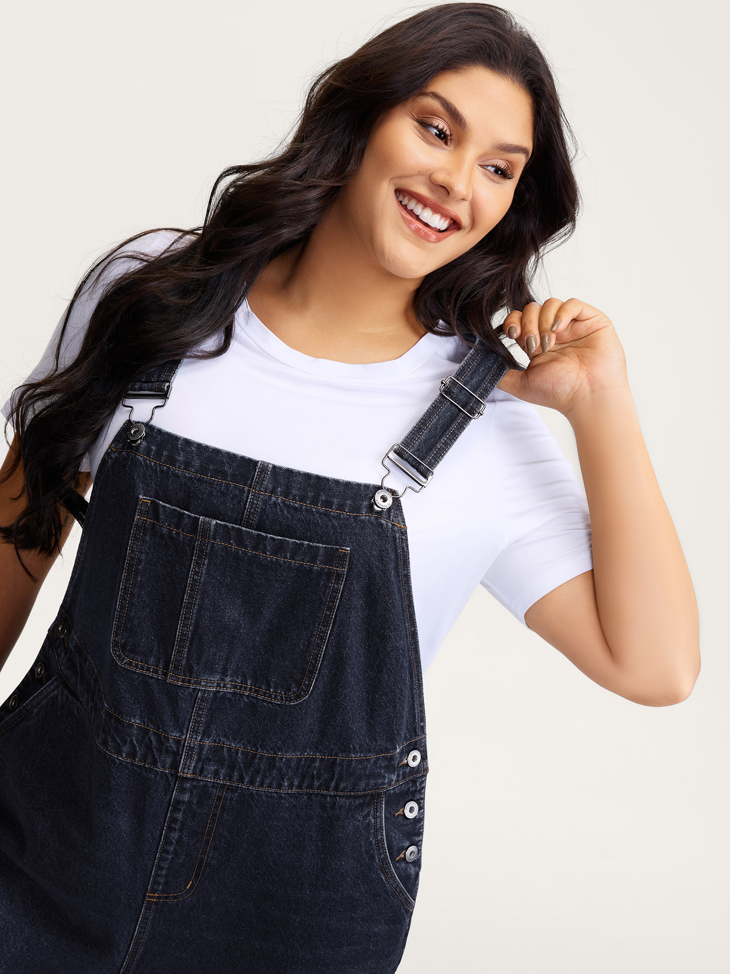 Side view of BloomChic Women's Plus Size Cotton Relaxed-Fit Side Button Overall Denim Jumpsuit Midnight not graphics Casual Non No stretch 20/2X