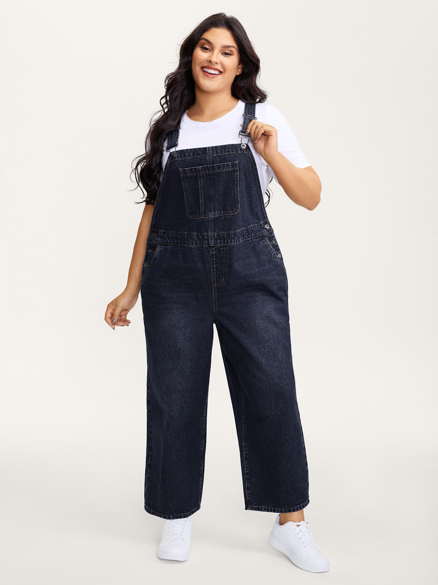 Side view of BloomChic Women's Plus Size Cotton Relaxed-Fit Side Button Overall Denim Jumpsuit Midnight not graphics Casual Non No stretch 20/2X