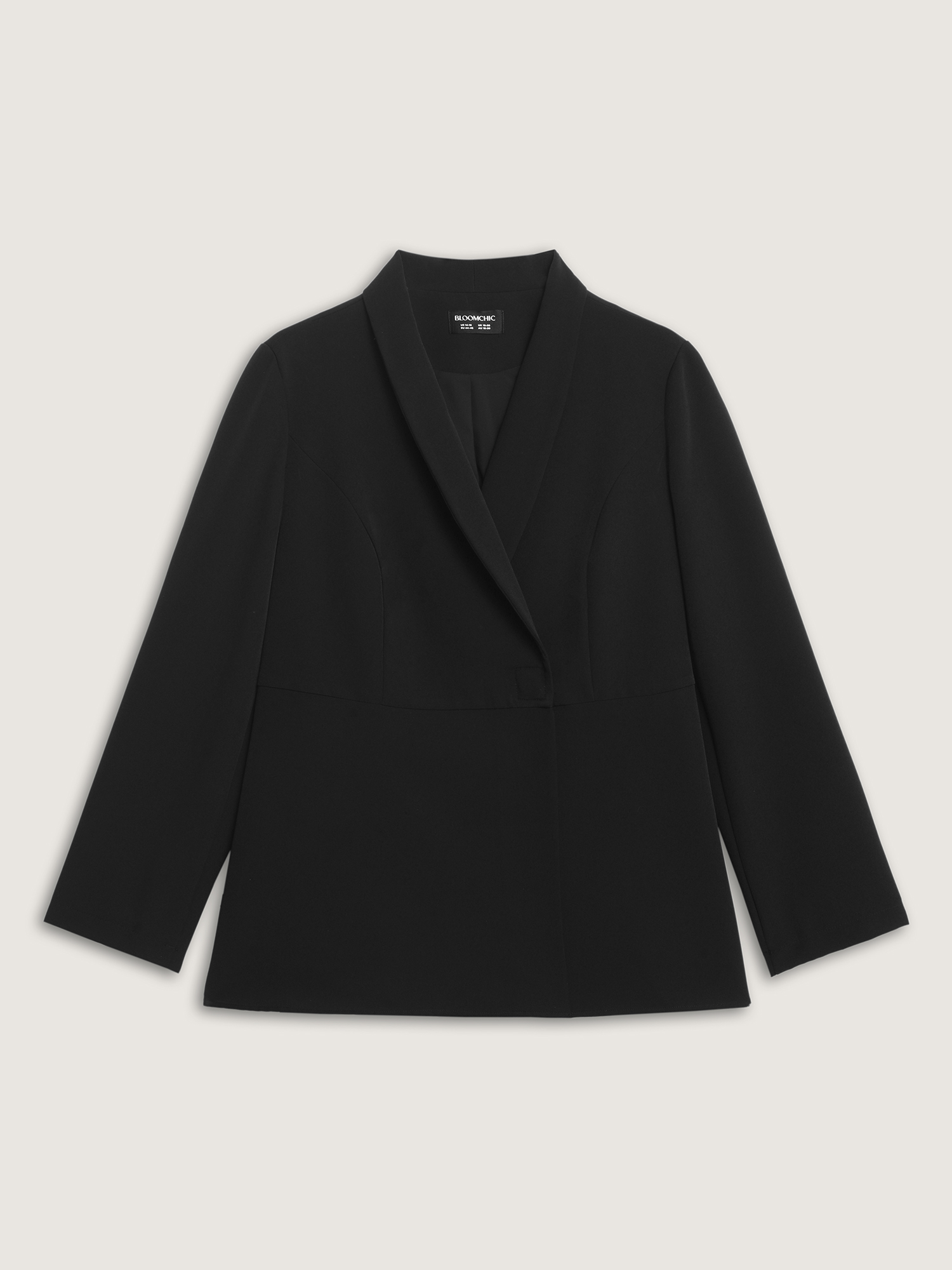 Side view of BloomChic Women's Plus Size Semi Stretchy Pockets Curvy Hem Blazer Black Sleeve Long Sleeve 28/5X