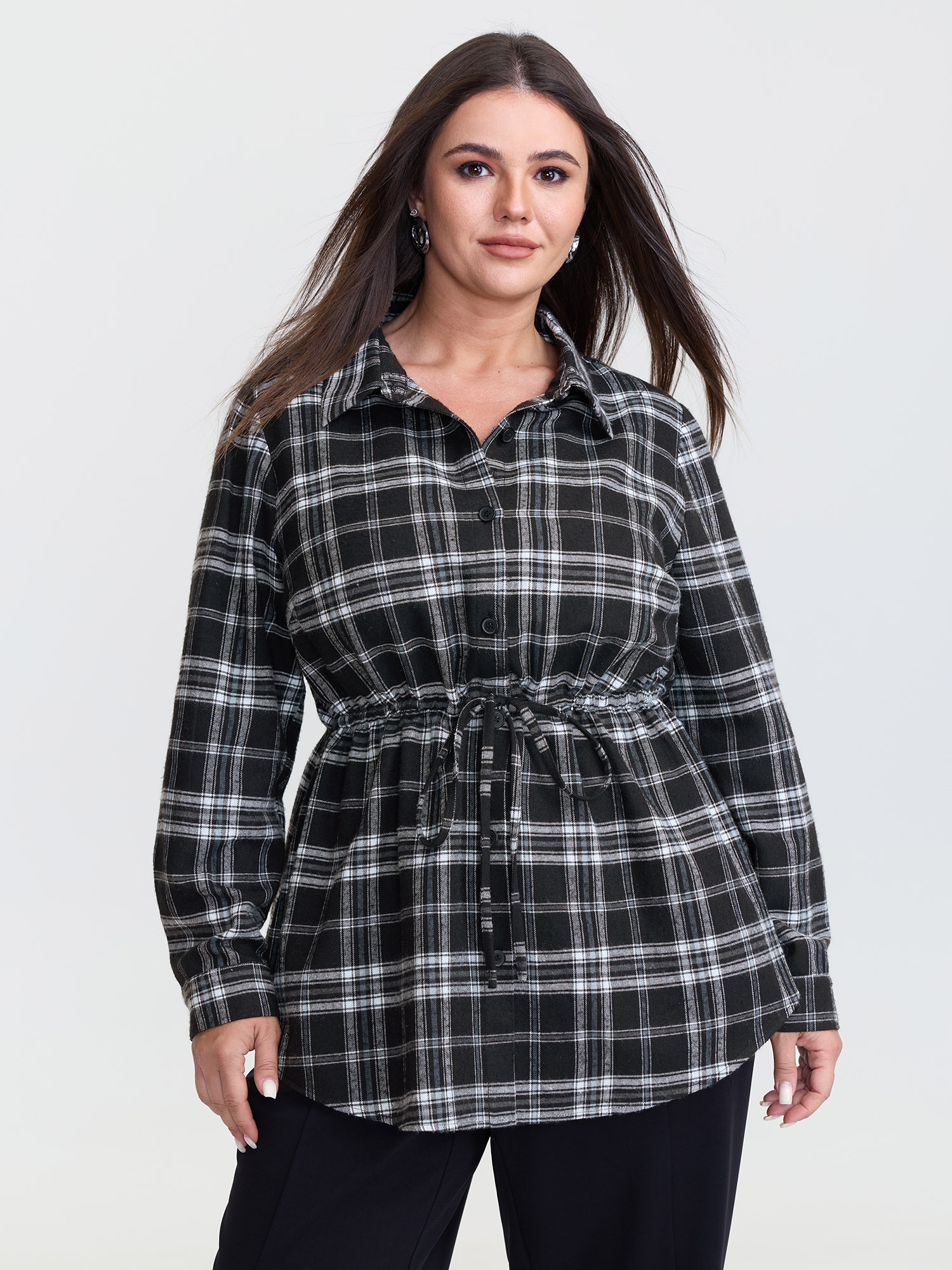 BloomChic Women's Plus Size Plaid Print Adjustable Waist Button-Down Shirt Black Office Extra Long Sleeve 10/M