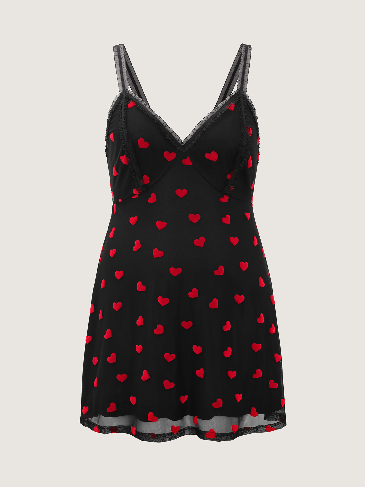 Side view of BloomChic Women's Plus Size Romantic Heart Print Sheer Nightgown Black Sleeveless Short 22-24/3X