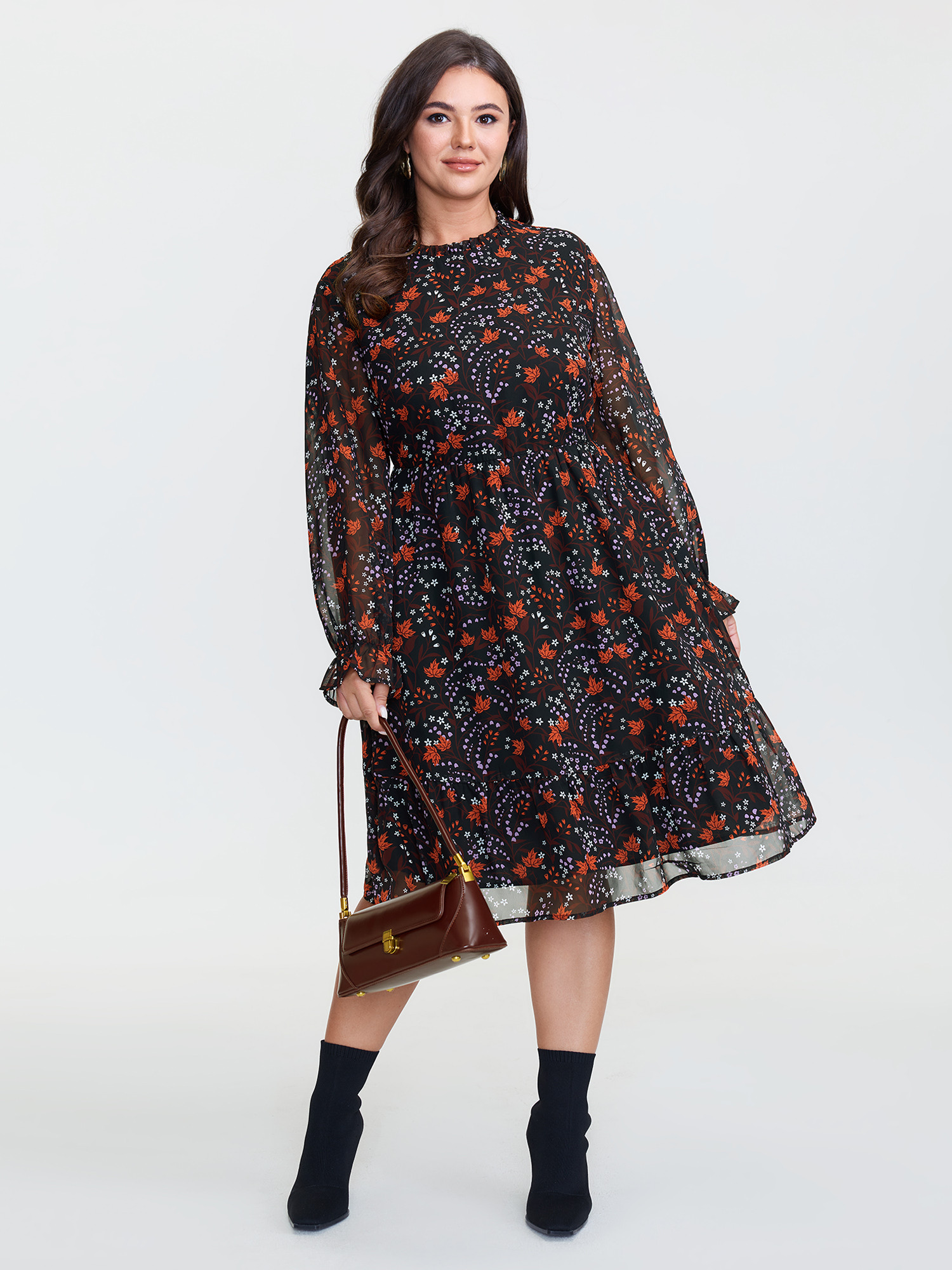 BloomChic Women's Plus Size Chiffon Floral Print Ruffled Neck Midi Dress Black Ditsy Floral Midi Everyday-Elegant See through 30/6X