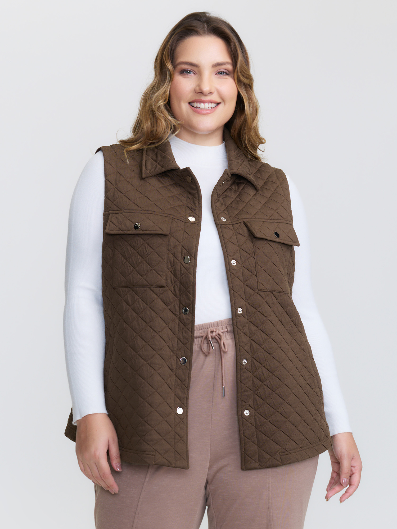 BloomChic Women's Plus Size Quilted Chest Pockets Button Vest Browncoffeecolor Topstitching 18-20/2X-image-47638603104426
