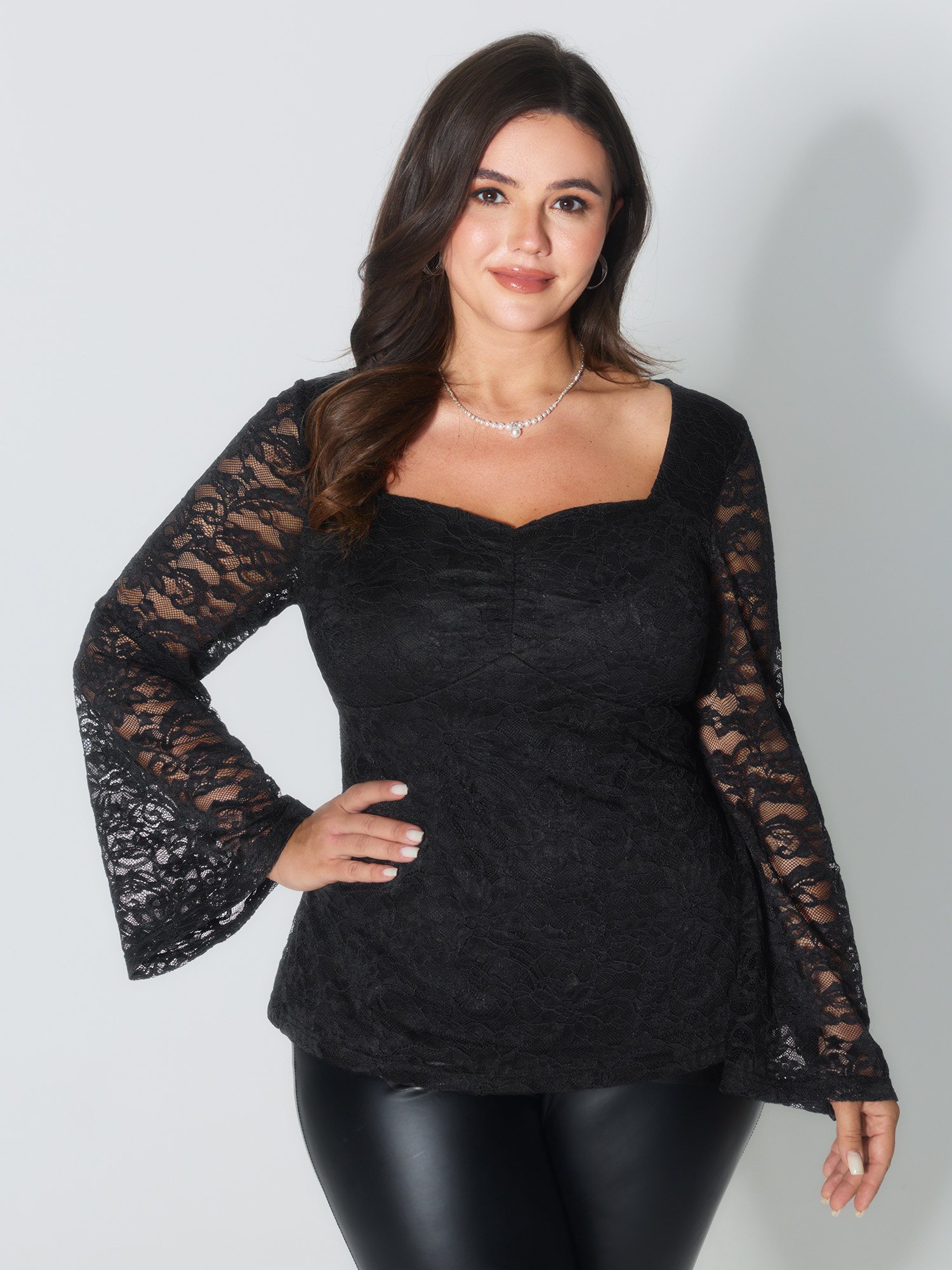 BloomChic Plus Size Lace Trim Sweetheart Neck Ruched Knit Top - Women's Black Solid Sweetheart Neck Comfort Midsection Fit Long Sleeve Elegant Knit Tops 32/5X