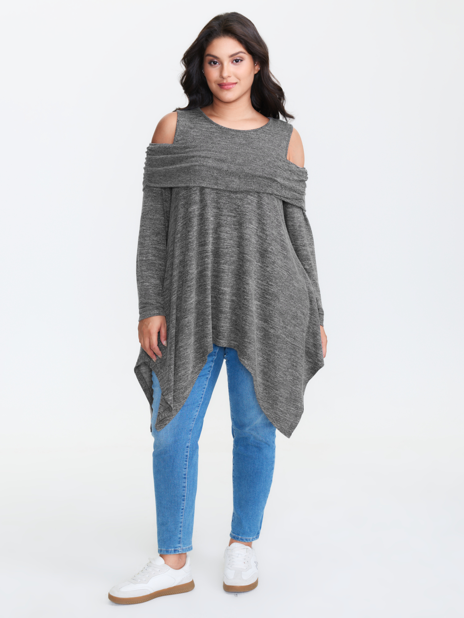 BloomChic Women's Plus Size Supersoft Off-Shoulder Pleated Asymmetrical Hem Top DarkGray Long Sleeve Everyday-Casual U-Neck 10/M