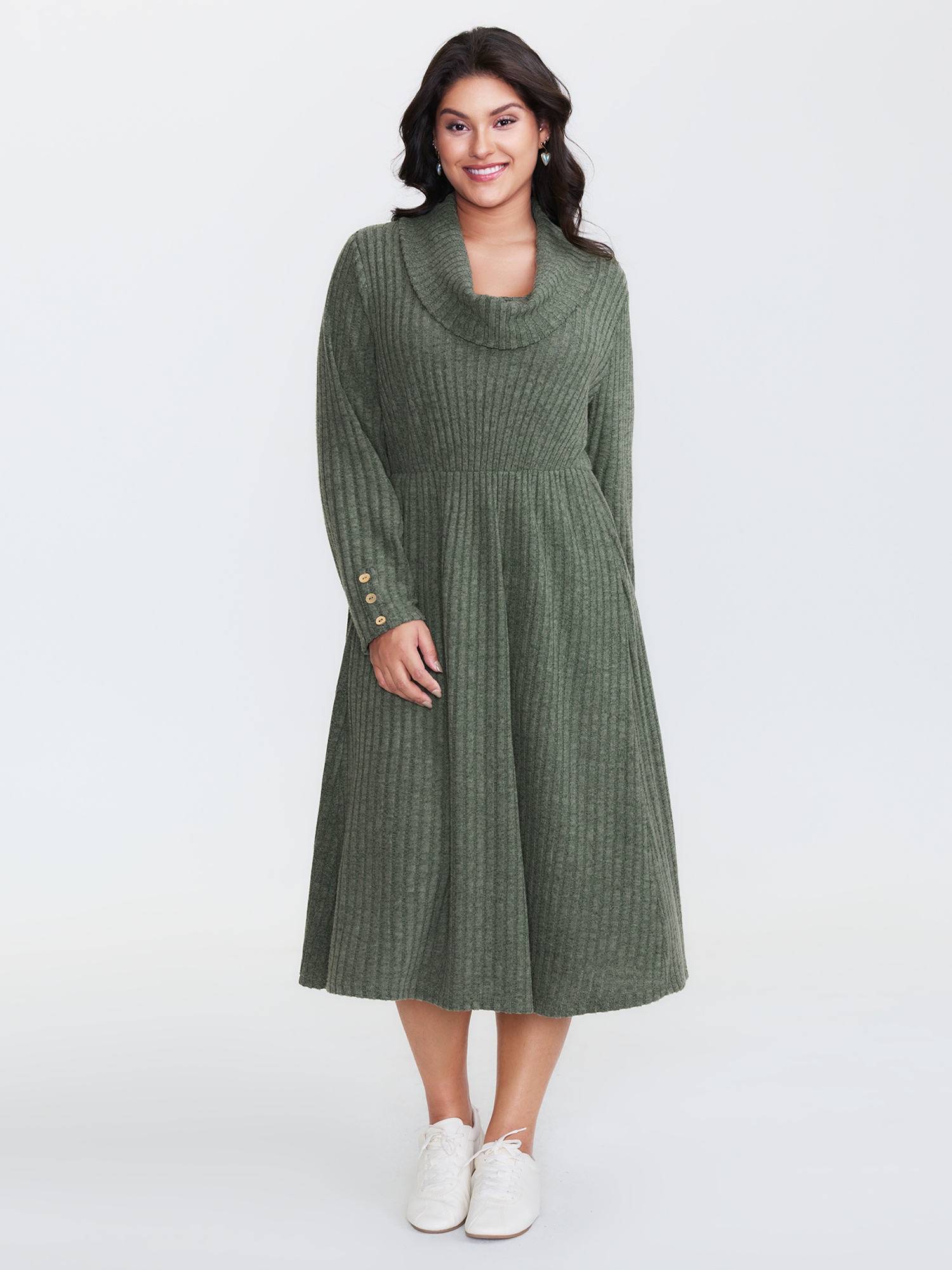 BloomChic Women's Plus Size Cowl Neck Ribbed Fitted Knit Dress DarkSlateGray Midi Everyday-Casual Texture 10/M