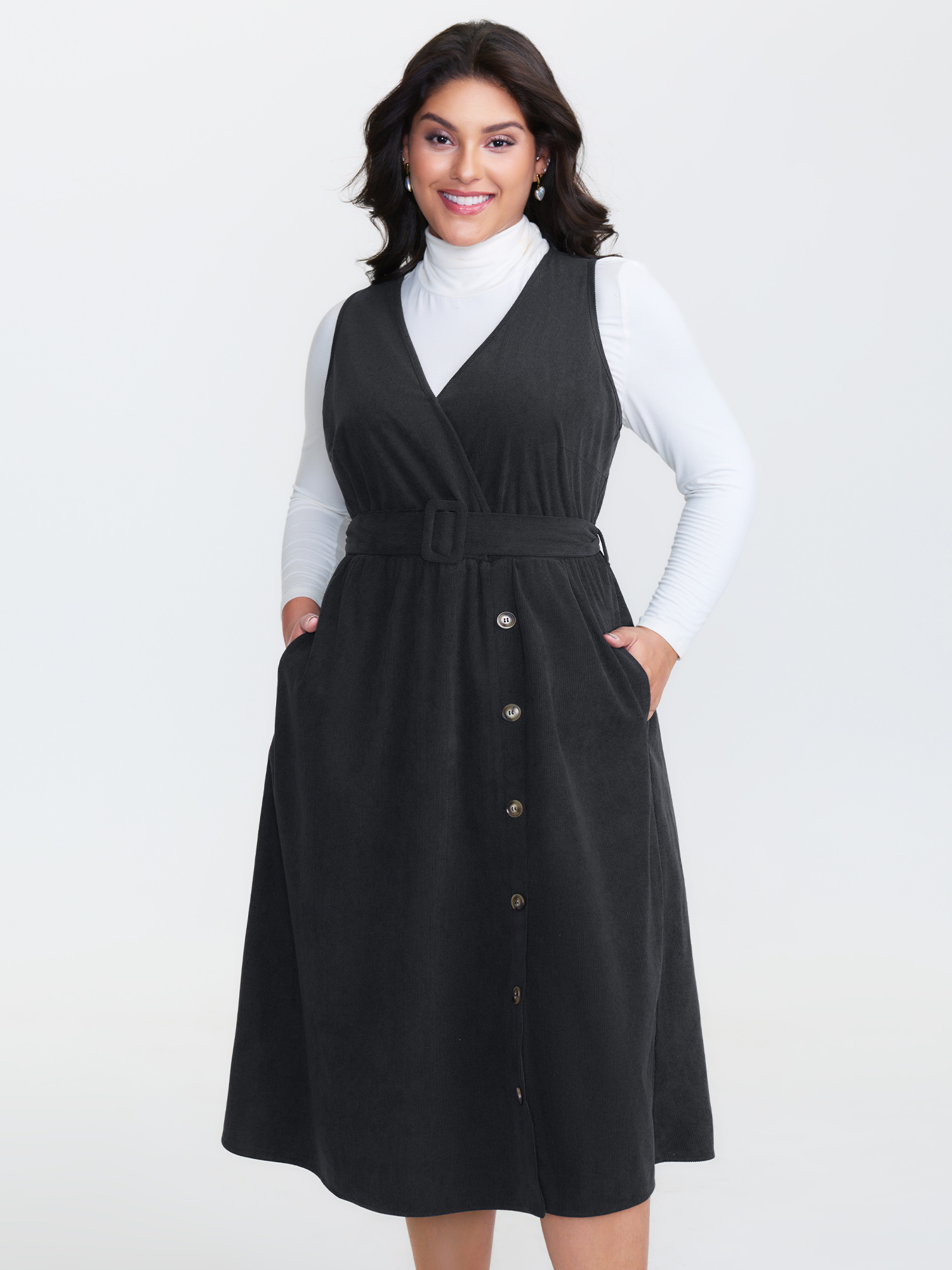 BloomChic Women's Plus Size Corduroy Sleeveless Belted Side Midi Dress Black Midi Everyday-Casual Overlapping 10/M