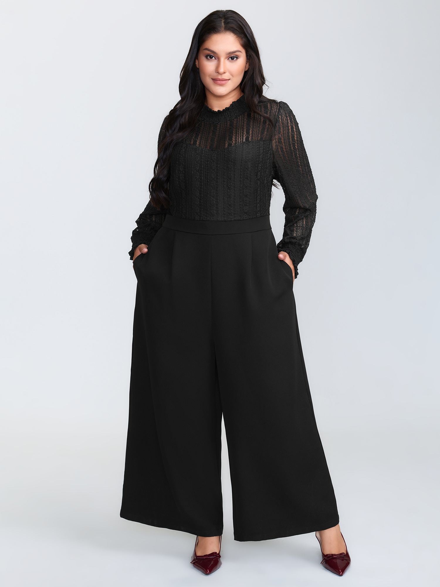 BloomChic Plus Size Geometric Lace Trim Sheer Wide-Leg Jumpsuit - Curve Women's Black Playsuit - Comfort Waist Fit Side Pocket H-line Jumpsuits 34/6X