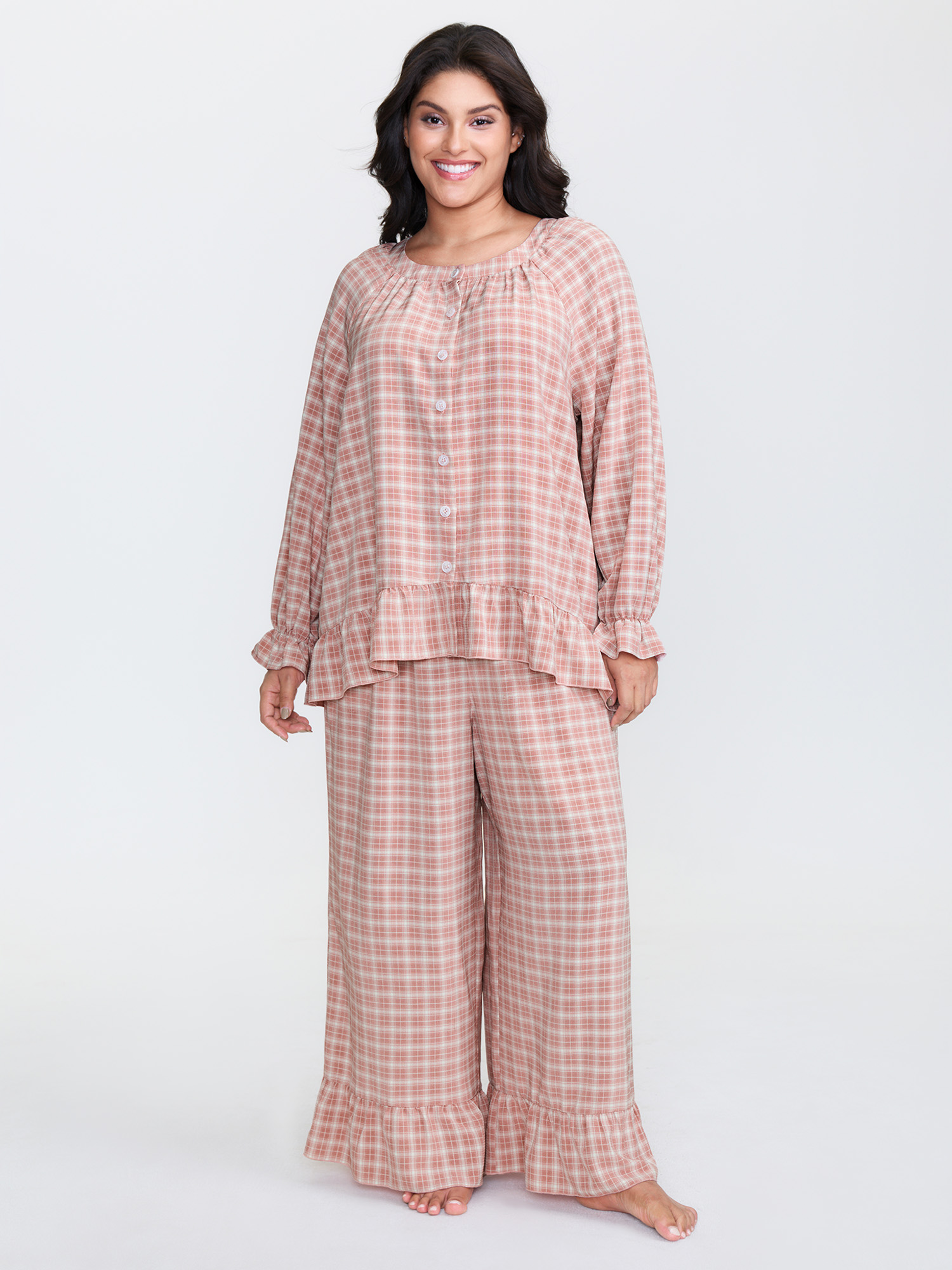 BloomChic Women's Plus Size Gingham Print Ruffled Hem Co-Ord Pajama Set Rouge not graphics 30/6X-image-47629276053674