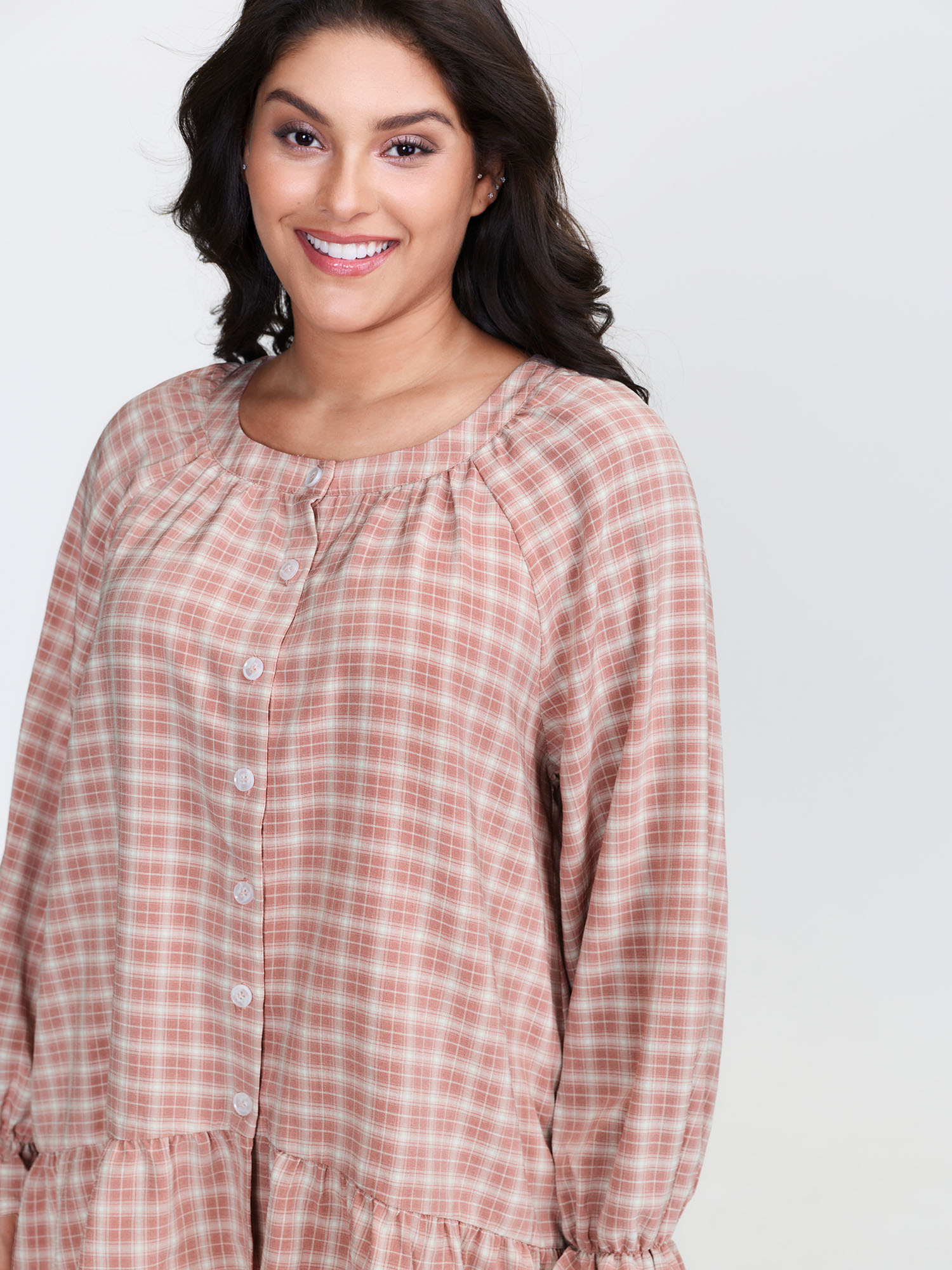 Side view of BloomChic Women's Plus Size Gingham Print Ruffled Hem Co-Ord Pajama Set Rouge not graphics 28/5X