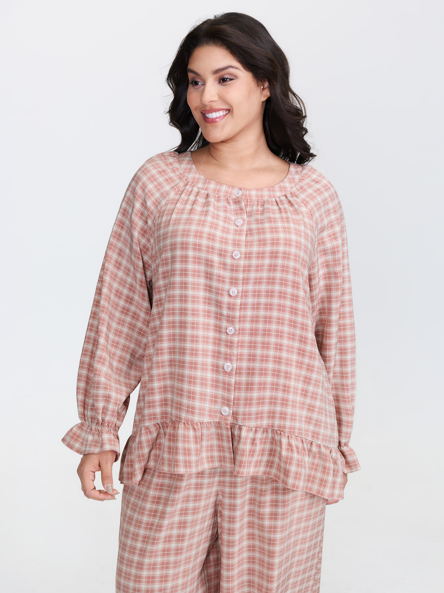 Side view of BloomChic Women's Plus Size Gingham Print Ruffled Hem Co-Ord Pajama Set Rouge not graphics 28/5X