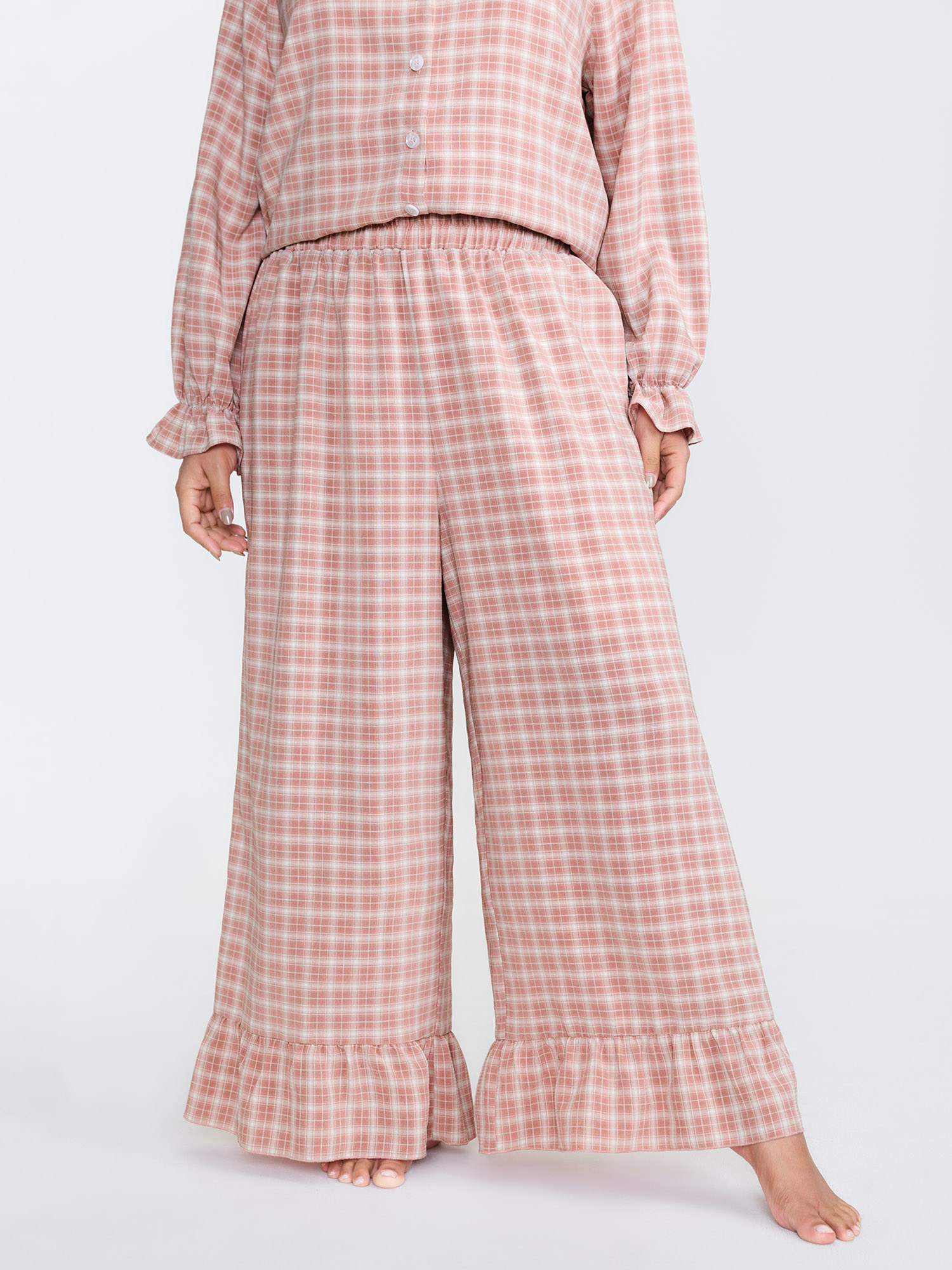 Side view of BloomChic Women's Plus Size Gingham Print Ruffled Hem Co-Ord Pajama Set Rouge not graphics 28/5X