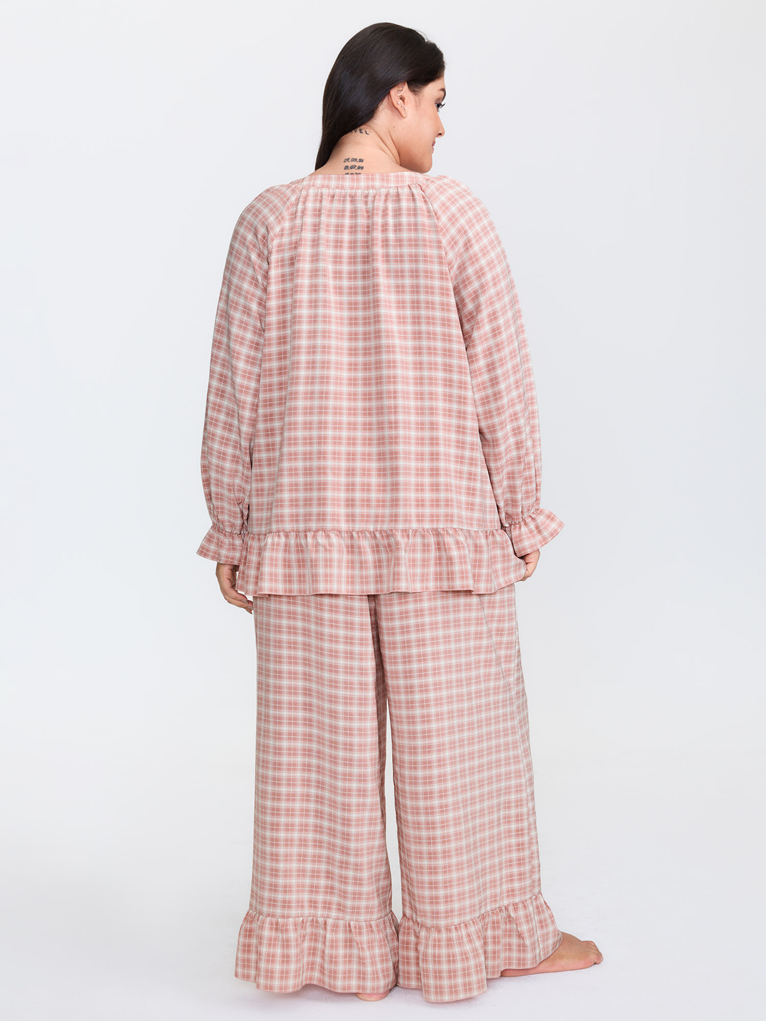 Side view of BloomChic Women's Plus Size Gingham Print Ruffled Hem Co-Ord Pajama Set Rouge not graphics 28/5X
