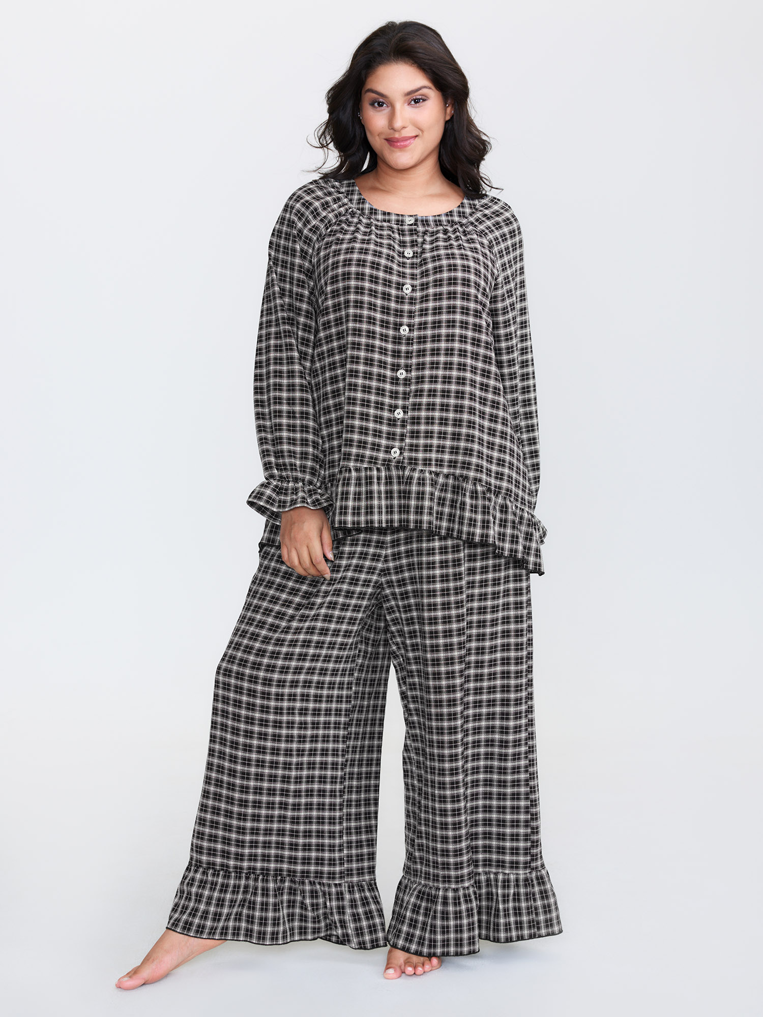 BloomChic Women's Plus Size Gingham Print Ruffled Hem Co-Ord Pajama Set BlackFlower not graphics 14-16/1X-image-47629275791530
