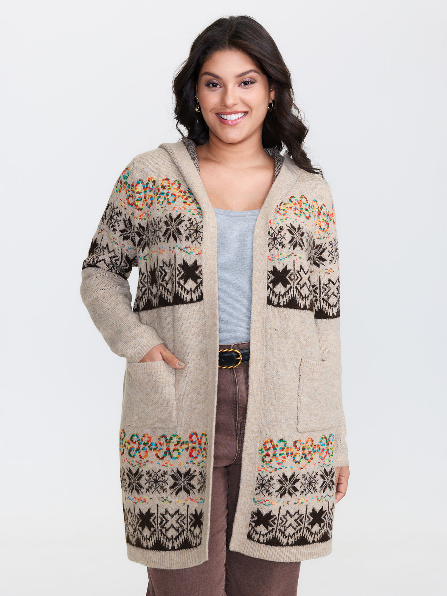 BloomChic Women's Plus Size Boho Print Jacquard Hooded Knit Cardigan LightBrown Long Sleeve Hooded Neck 12/L