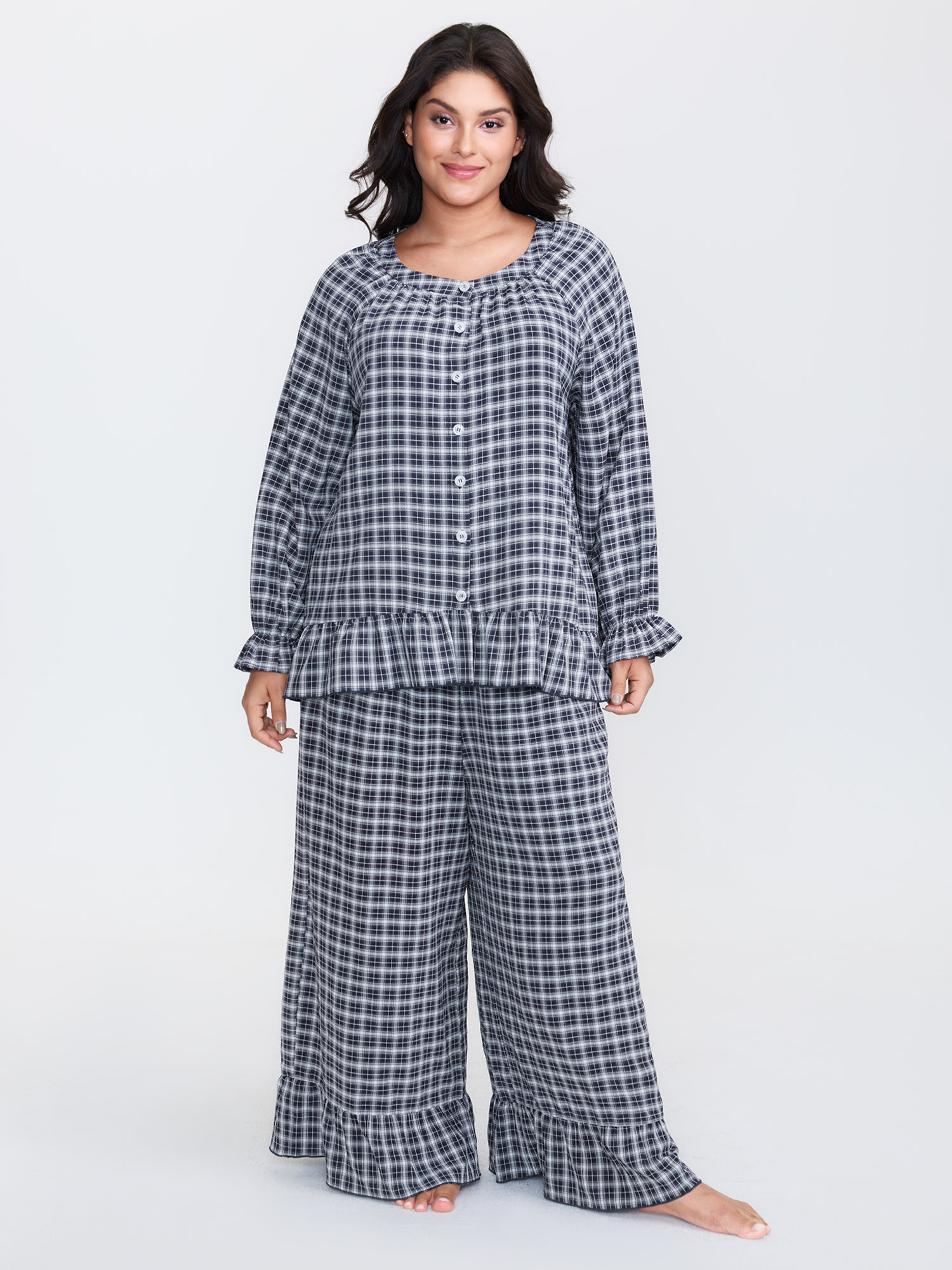 BloomChic Women's Plus Size Gingham Print Ruffled Hem Co-Ord Pajama Set Indigo not graphics 10/M-image-47698004476074