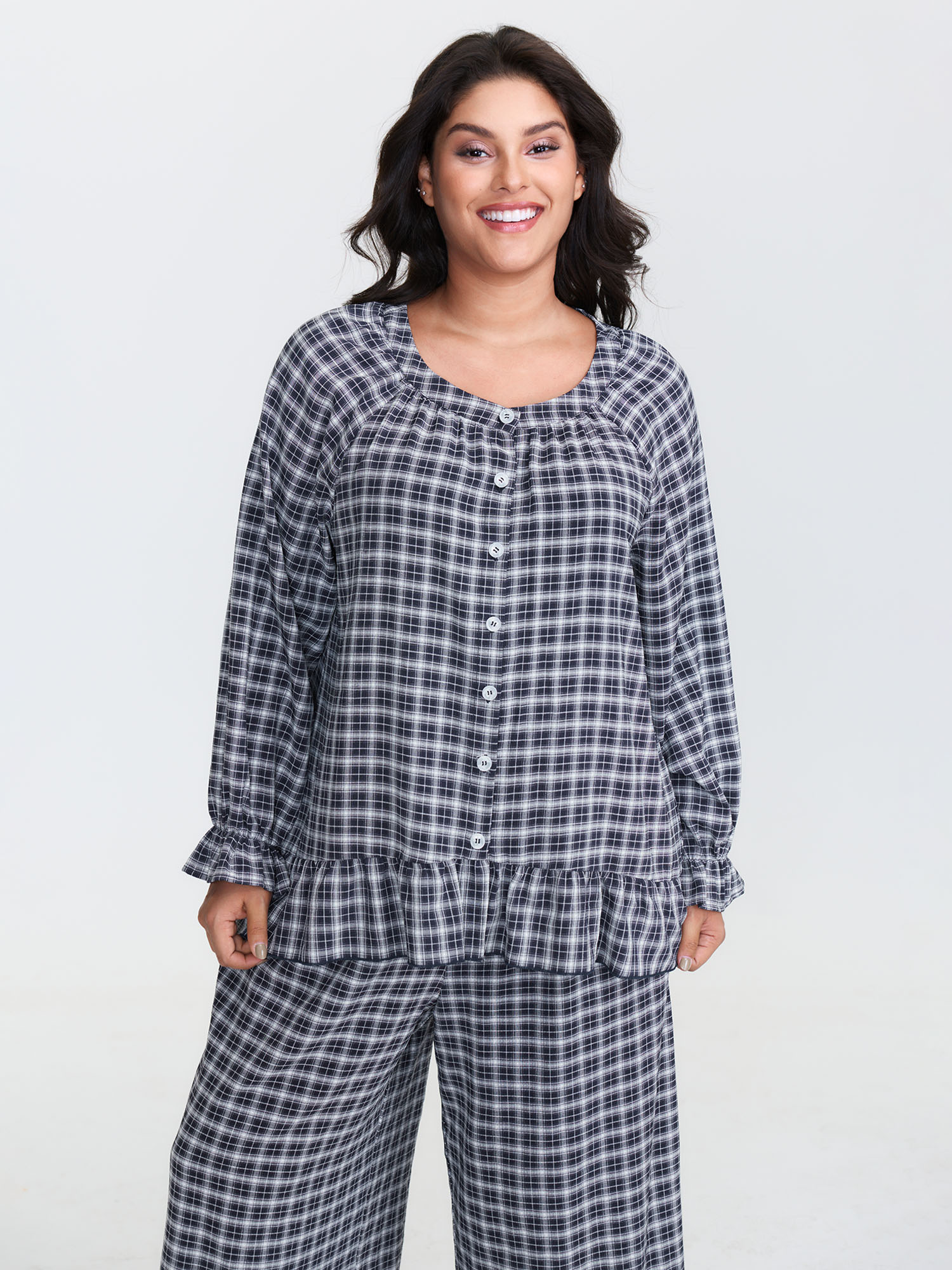 Side view of BloomChic Women's Plus Size Gingham Print Ruffled Hem Co-Ord Pajama Set Indigo not graphics 10/M