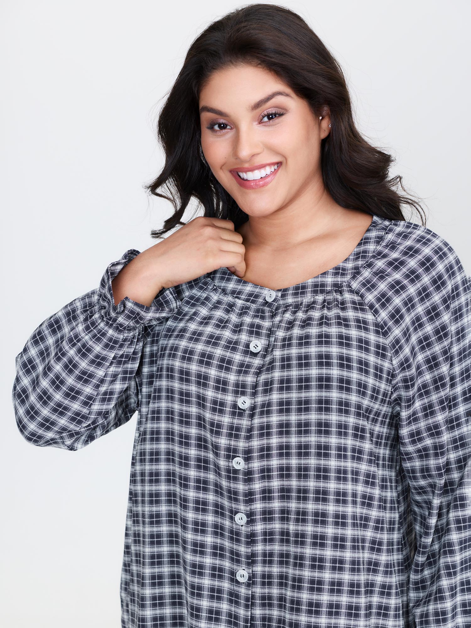 Side view of BloomChic Women's Plus Size Gingham Print Ruffled Hem Co-Ord Pajama Set Indigo not graphics 10/M