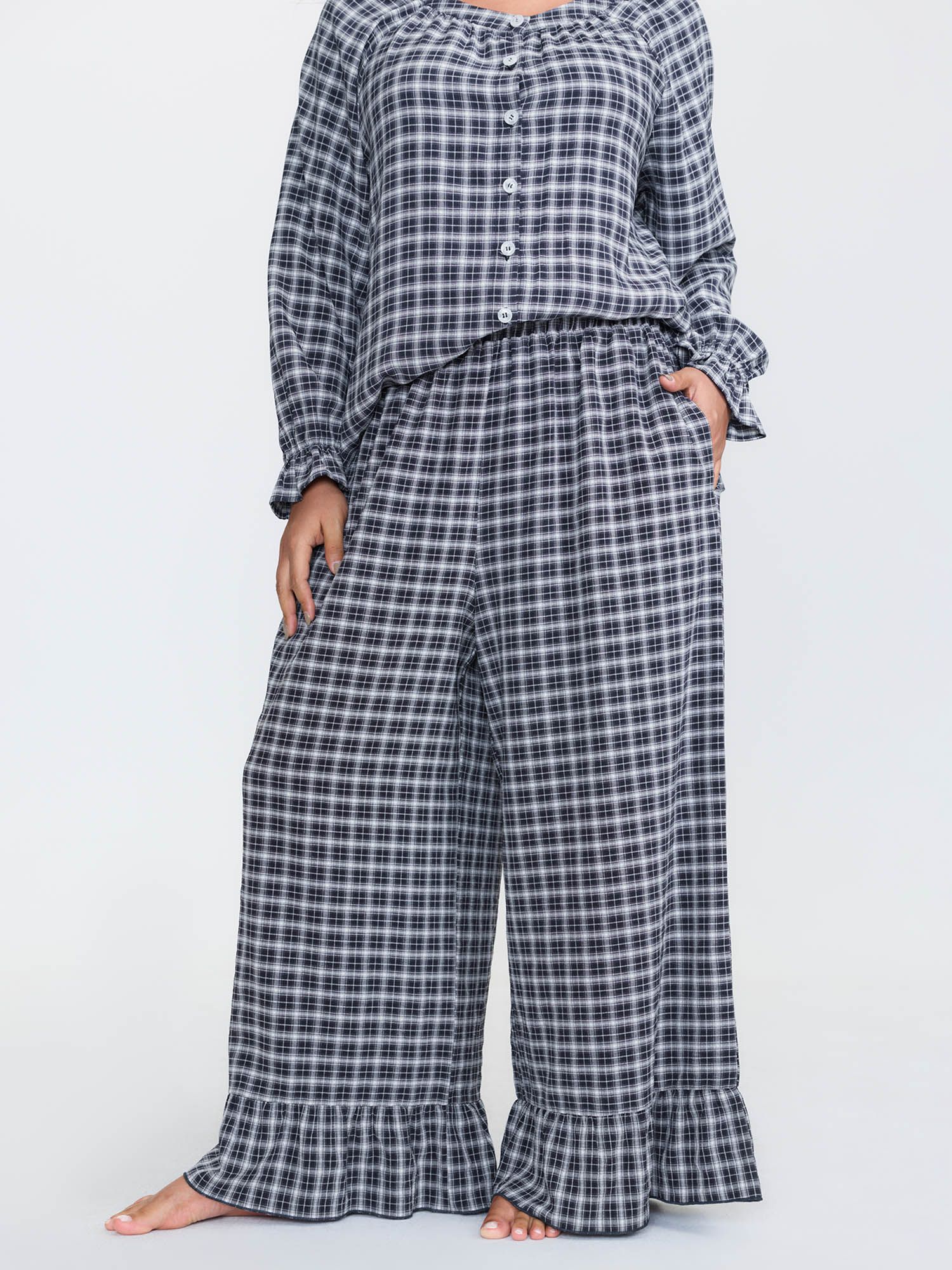 Side view of BloomChic Women's Plus Size Gingham Print Ruffled Hem Co-Ord Pajama Set Indigo not graphics 10/M
