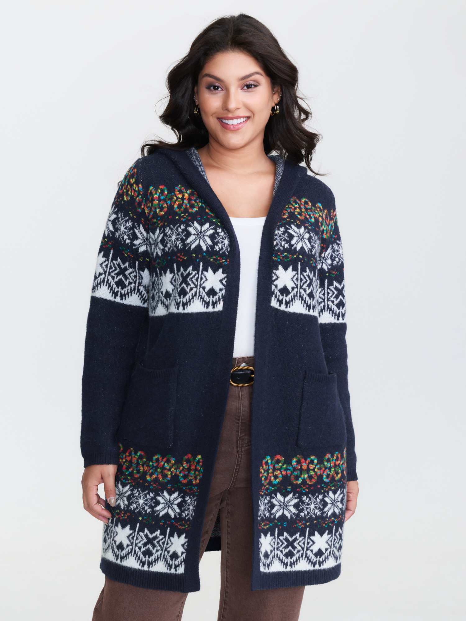 BloomChic Women's Plus Size Boho Print Jacquard Hooded Knit Cardigan Indigo Long Sleeve Hooded Neck 10/M