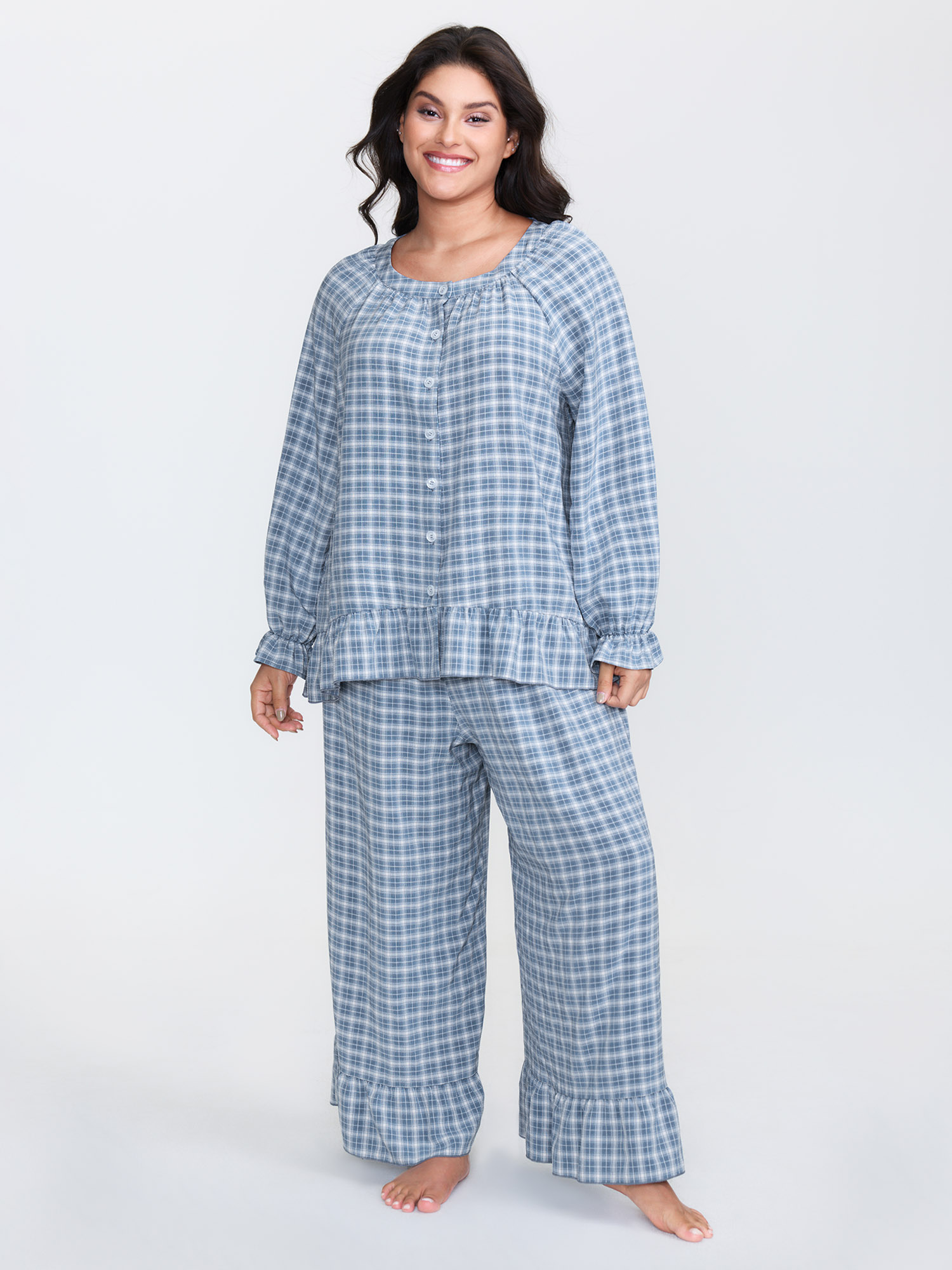 BloomChic Women's Plus Size Gingham Print Ruffled Hem Co-Ord Pajama Set Mediumblue not graphics 12/L-image-47698004607146