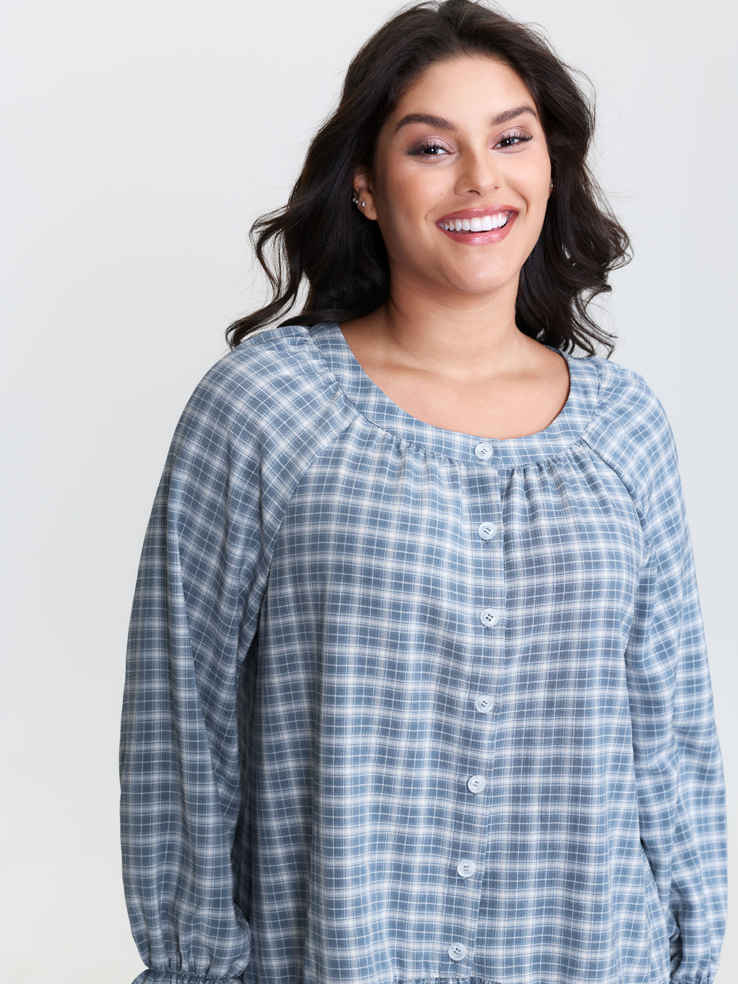 Side view of BloomChic Women's Plus Size Gingham Print Ruffled Hem Co-Ord Pajama Set Mediumblue not graphics 26/4X