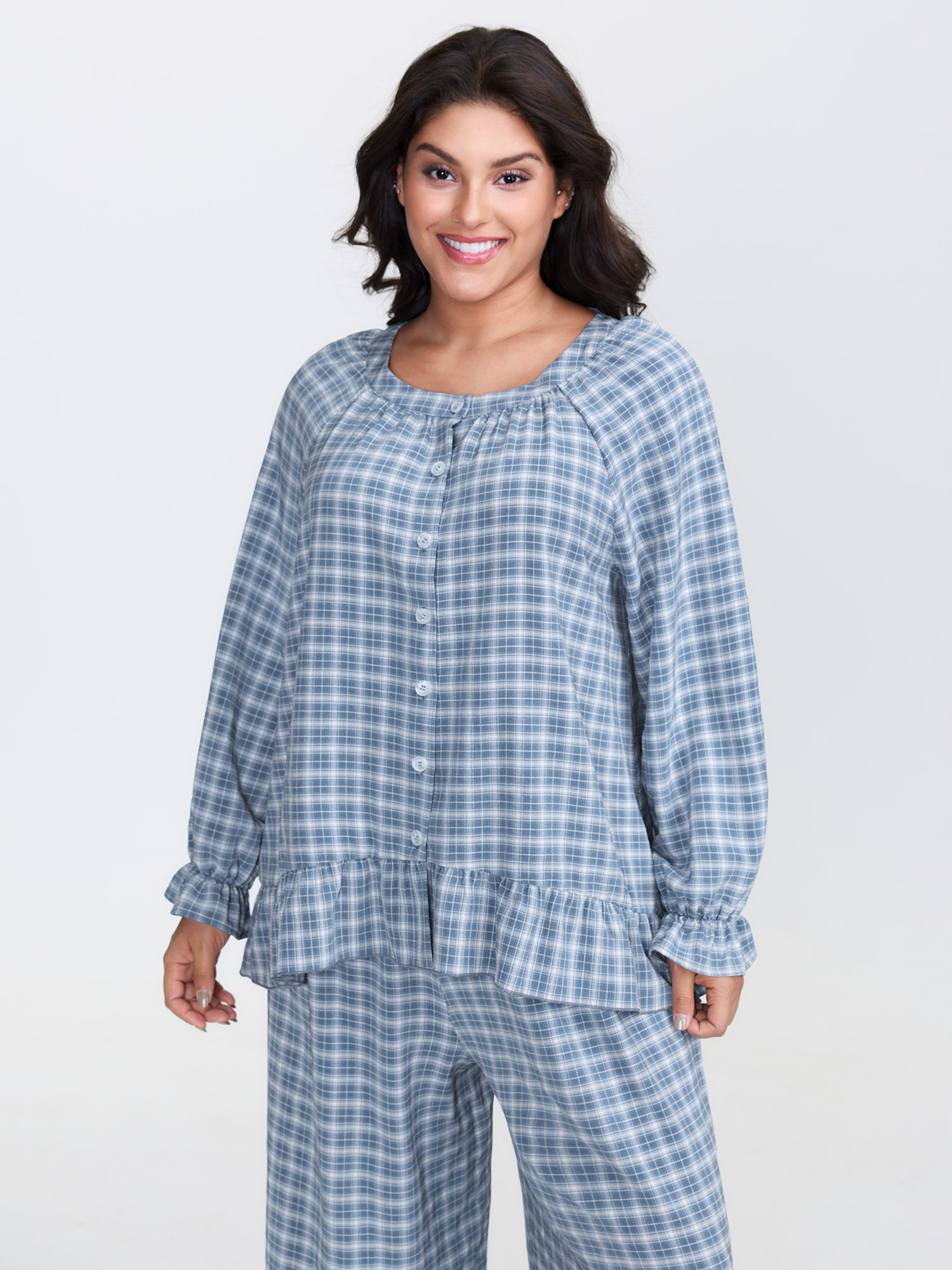 Side view of BloomChic Women's Plus Size Gingham Print Ruffled Hem Co-Ord Pajama Set Mediumblue not graphics 26/4X