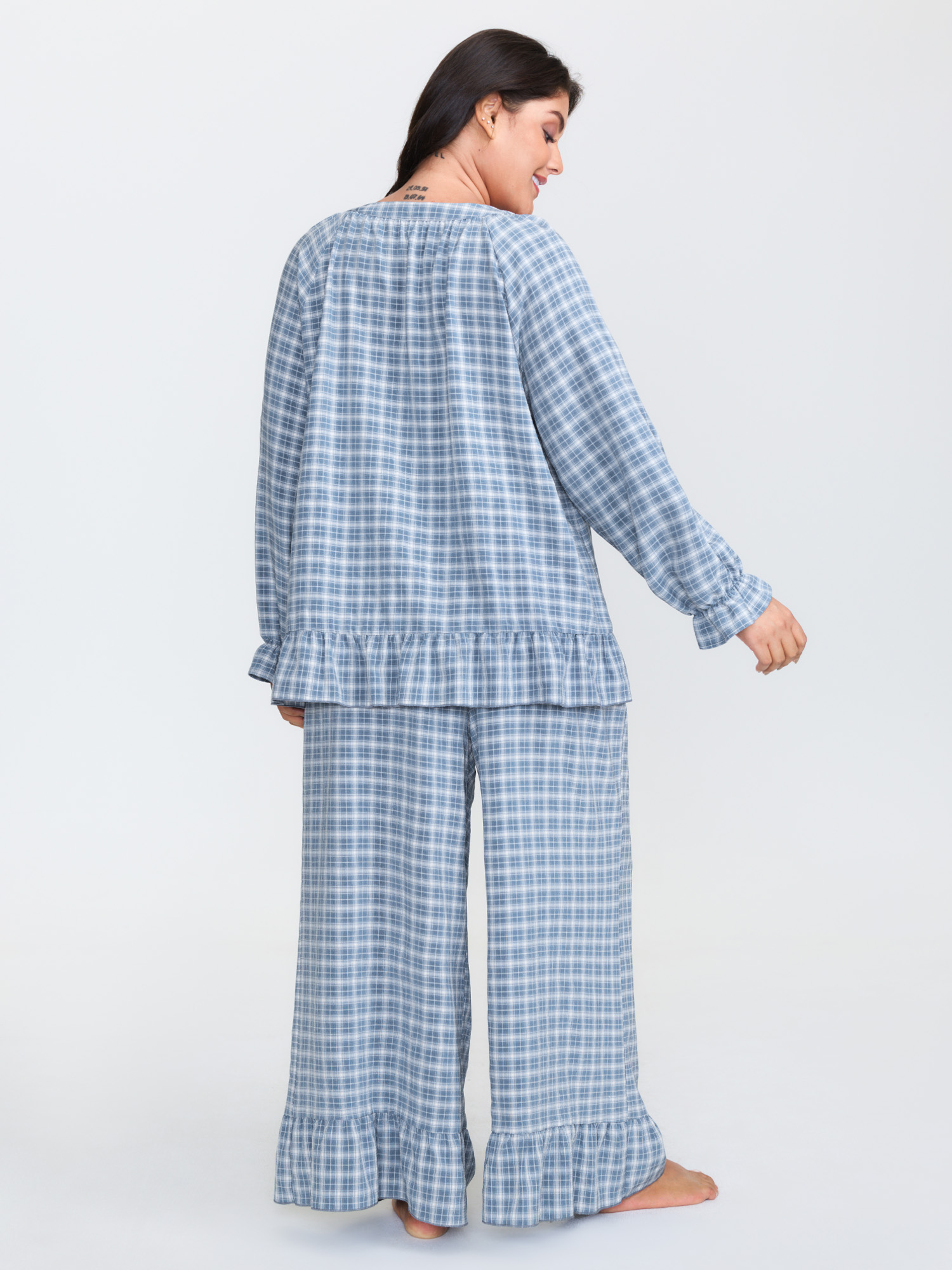 Side view of BloomChic Women's Plus Size Gingham Print Ruffled Hem Co-Ord Pajama Set Mediumblue not graphics 26/4X