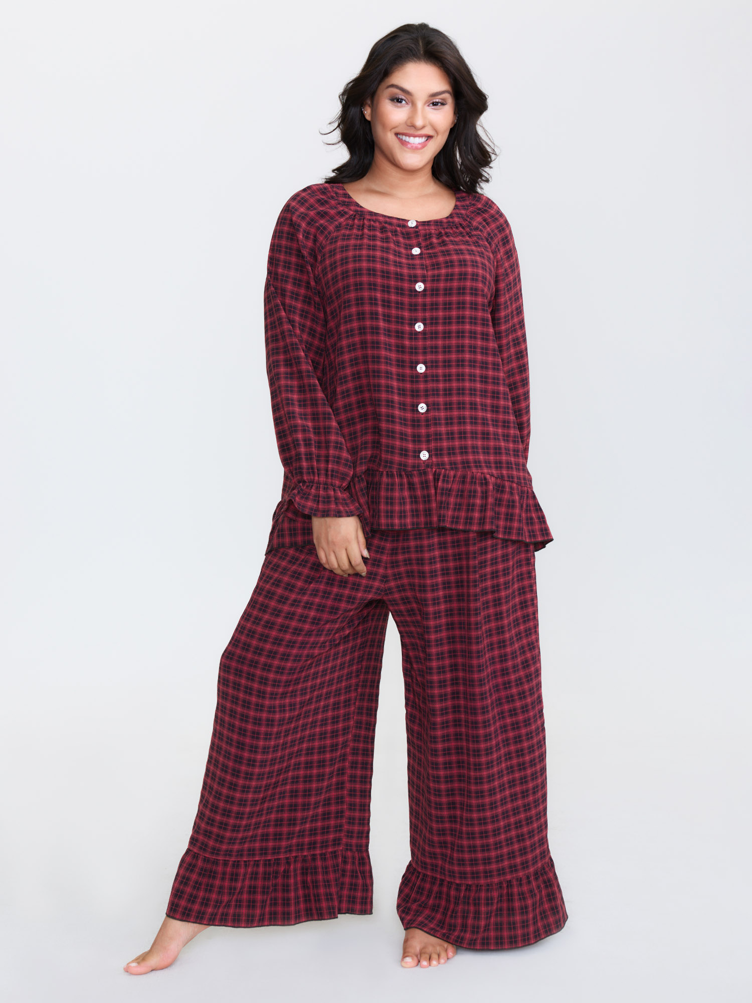 BloomChic Women's Plus Size Gingham Print Ruffled Hem Co-Ord Pajama Set Multicolor not graphics 22-24/3X-image-47698005000362