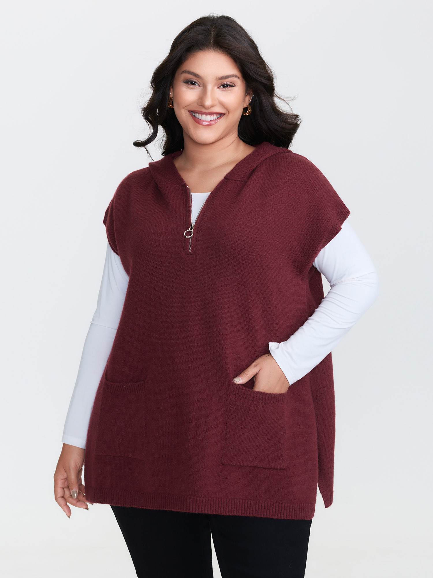 BloomChic Women's Plus Size Half-Zip Hooded Sleeveless Pocketed Pullover Burgundy Sleeveless 10/M