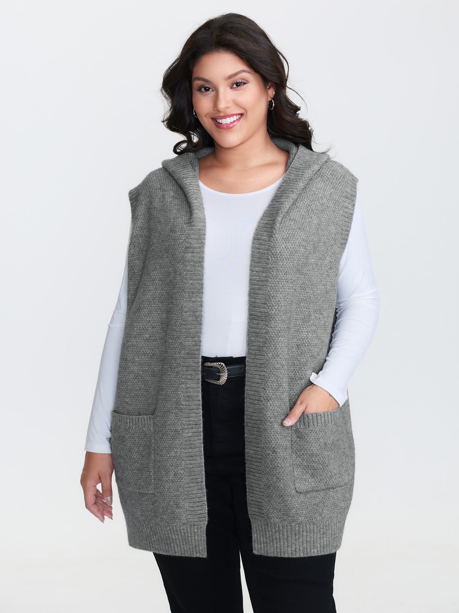 BloomChic Women's Plus Size Textured Hooded Pocketed Cardigan DarkGray Sleeveless 10/M