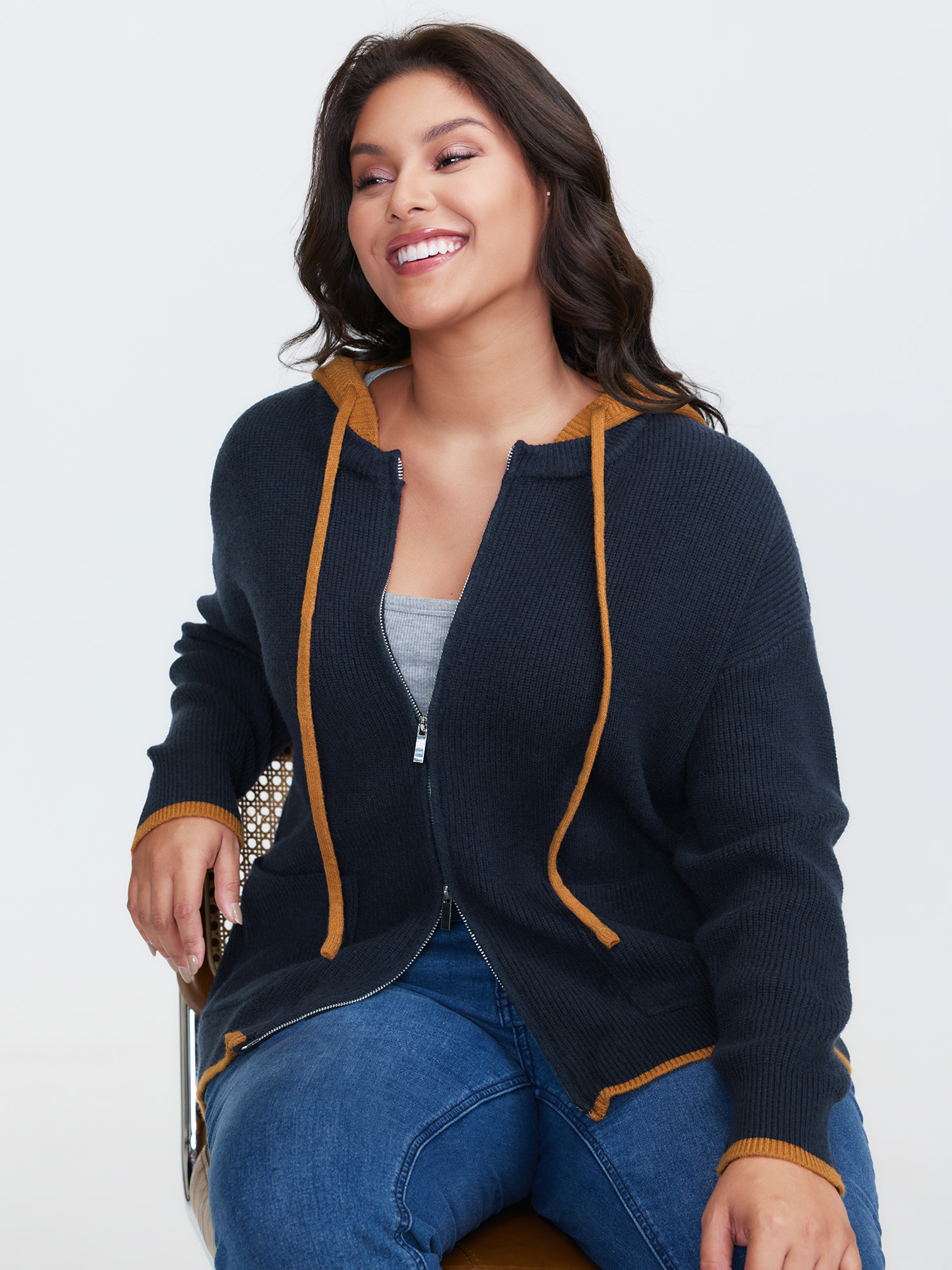BloomChic Women's Plus Size Contrast Hooded Zipper Front Pocketed Cardigan Midnight Long Sleeve 10/M