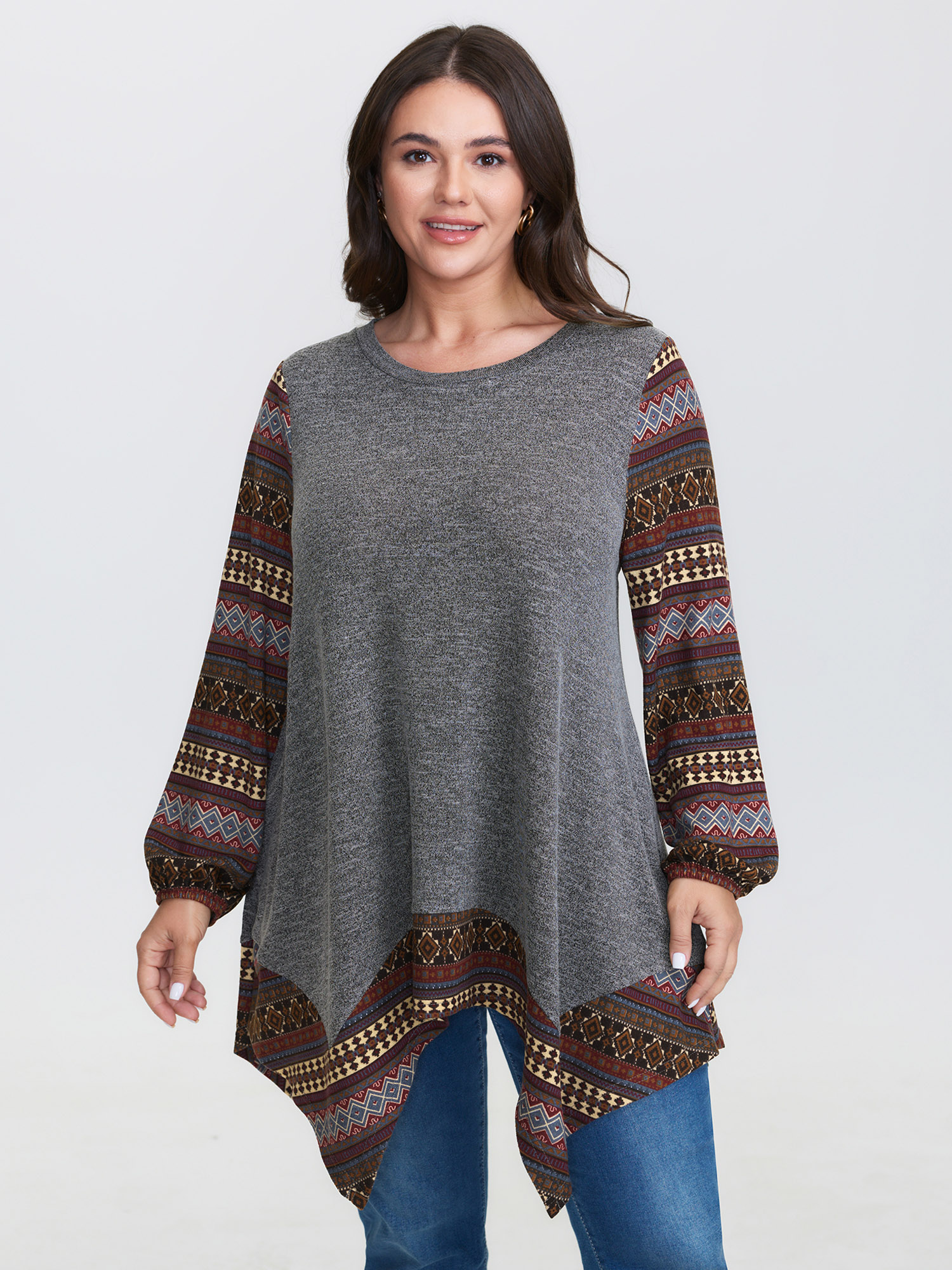 BloomChic Women's Plus Size Boho Stripes Color Contrast Stretchy Top DimGray Extra Long Sleeve Everyday-Casual 10/M
