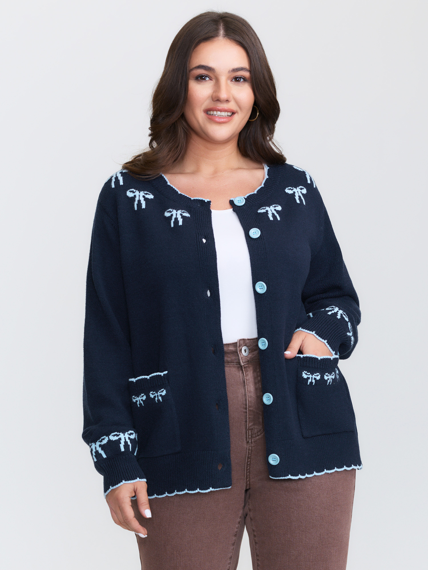 BloomChic Women's Plus Size Bow Pattern Jacquard Button Knit Cardigan Midnight Long Sleeve 10/M