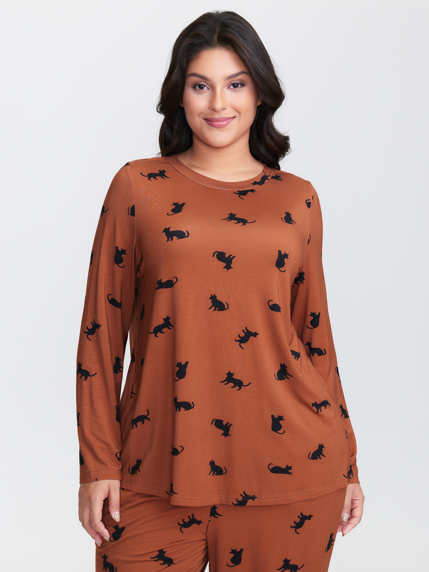 BloomChic Women's Plus Size Midnight Cat Print Lounge Top Yellowishbrown Extra Long Sleeve 30/6X-image-47728572661930
