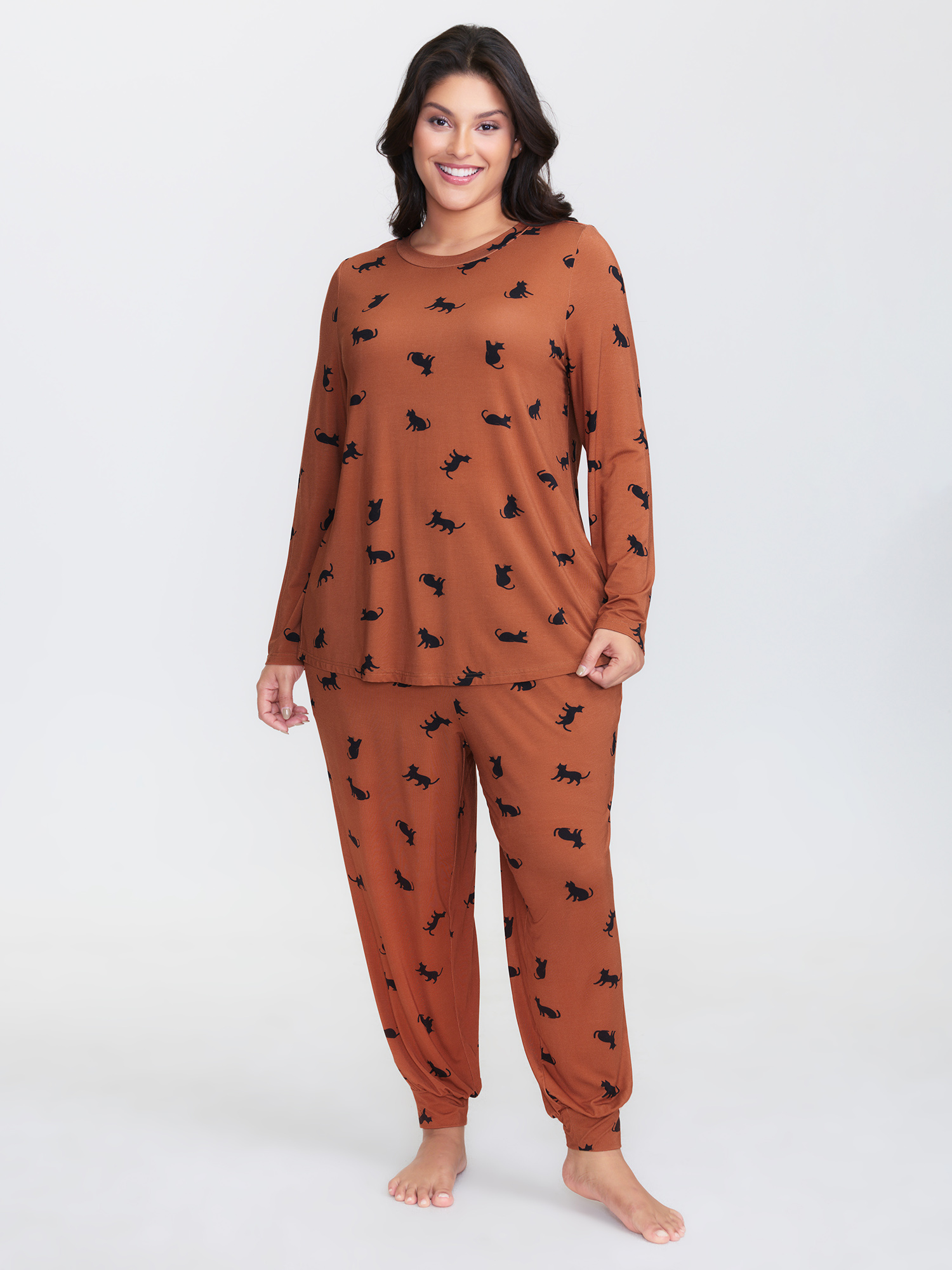 Side view of BloomChic Women's Plus Size Midnight Cat Print Lounge Top Yellowishbrown Extra Long Sleeve 28/5X