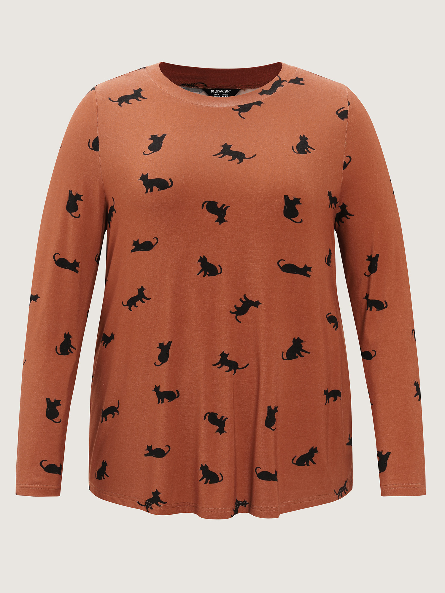 Side view of BloomChic Women's Plus Size Midnight Cat Print Lounge Top Yellowishbrown Extra Long Sleeve 28/5X