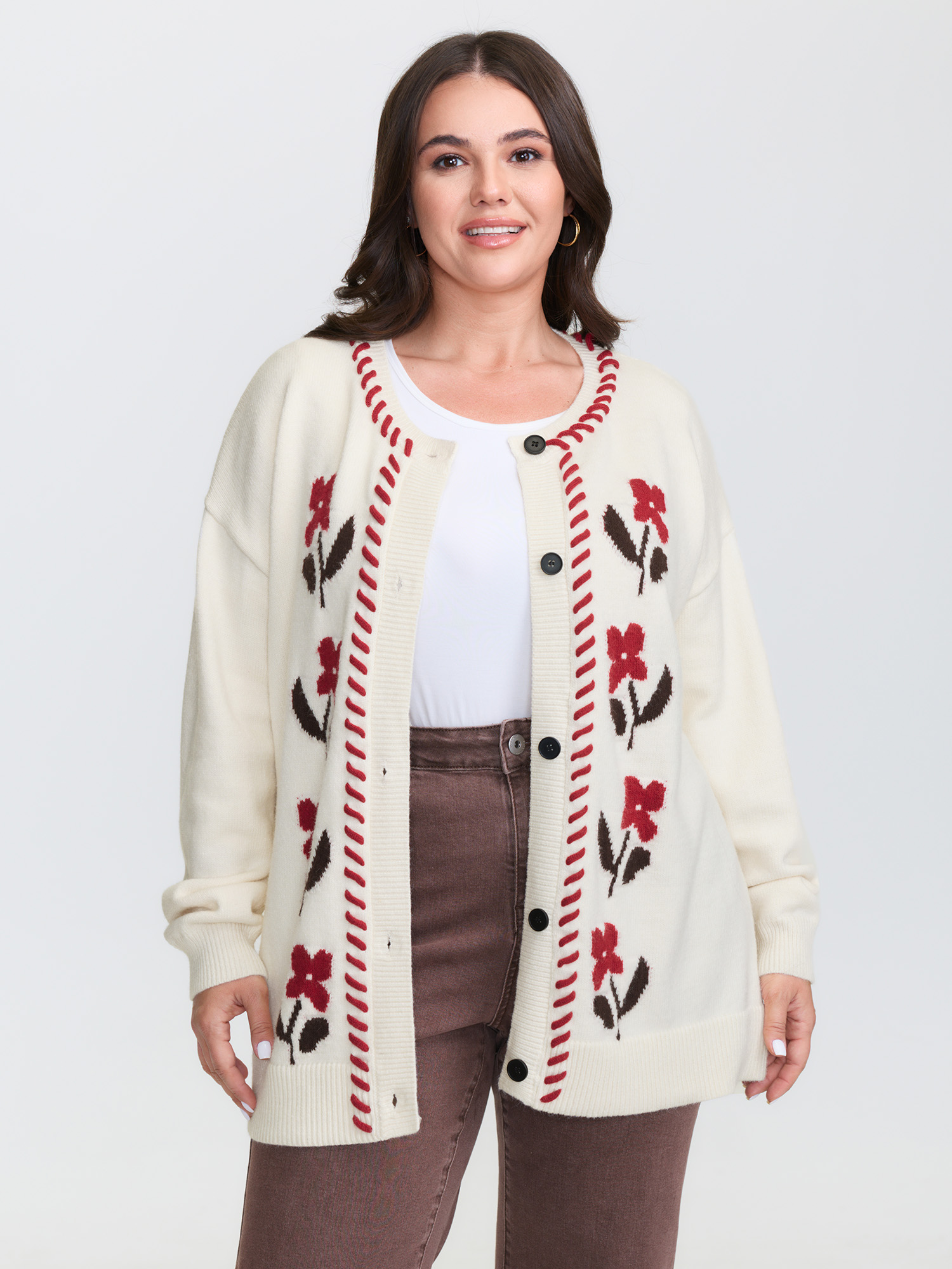 BloomChic Women's Plus Size Floral Handmade Stitches Jacquard Knit Cardigan Ivory Long Sleeve 10/M