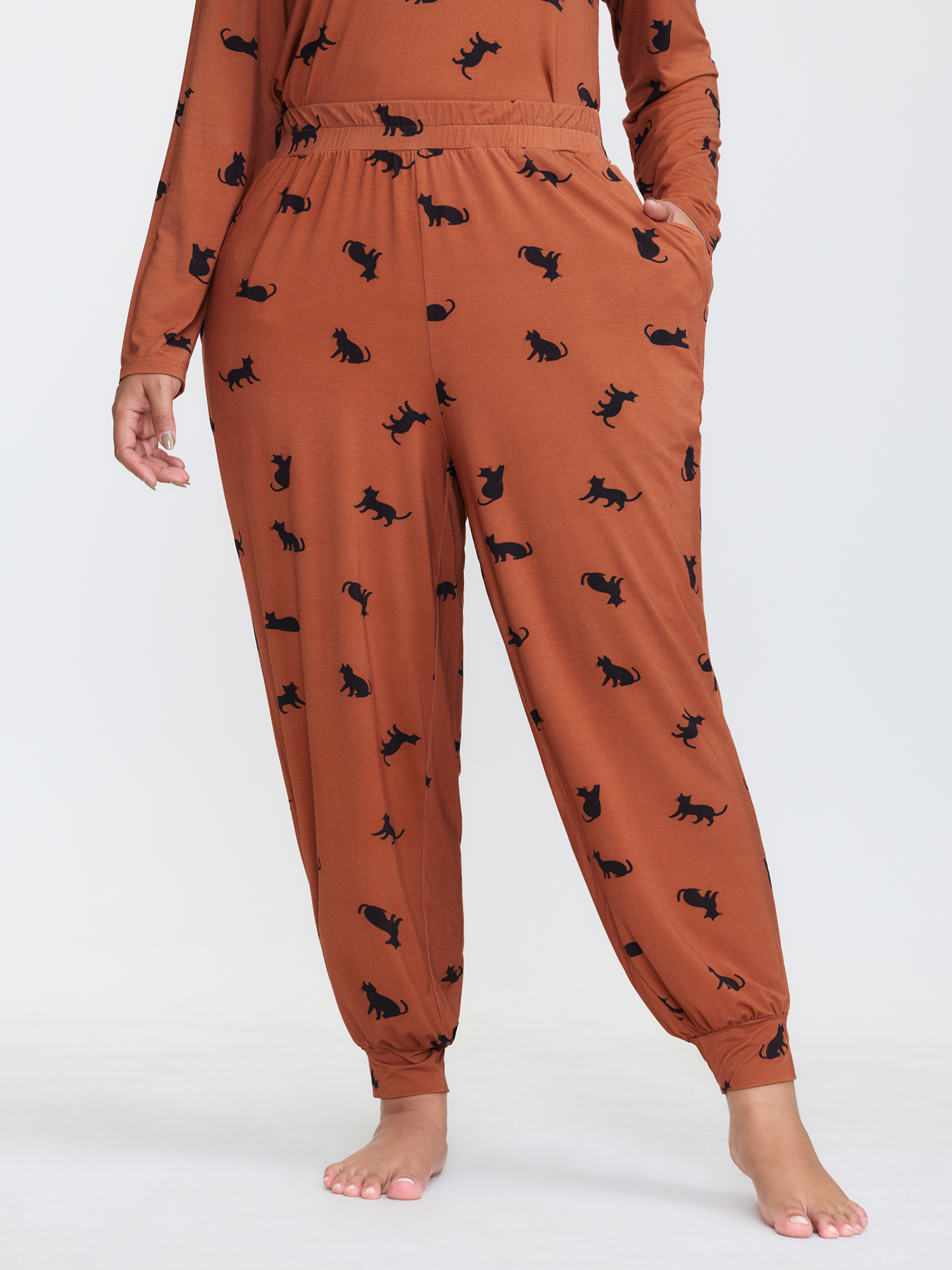 BloomChic Women's Plus Size Midnight Cat Print Stretchy Lounge Bottoms Yellowishbrown 12/L-image-47728589865130