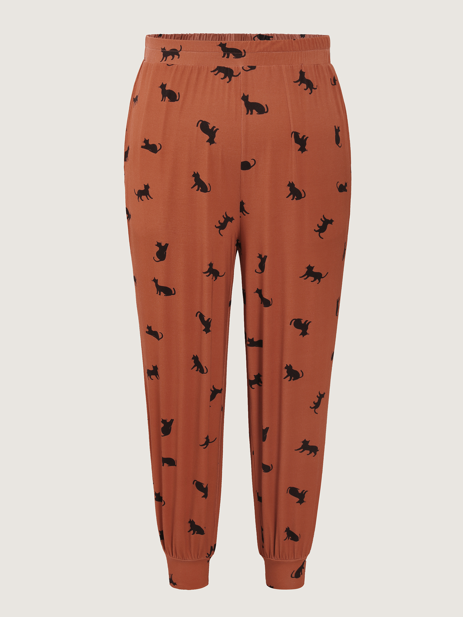 Side view of BloomChic Women's Plus Size Midnight Cat Print Stretchy Lounge Bottoms Yellowishbrown 10/M