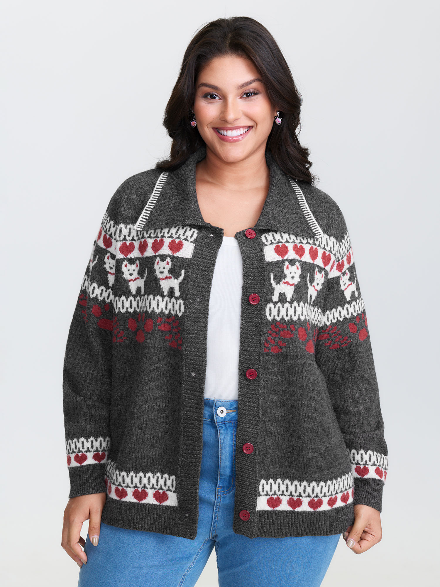 BloomChic Women's Plus Size Animal Print Jacquard Polo Collar Knit Cardigan DimGray Long Sleeve 10/M
