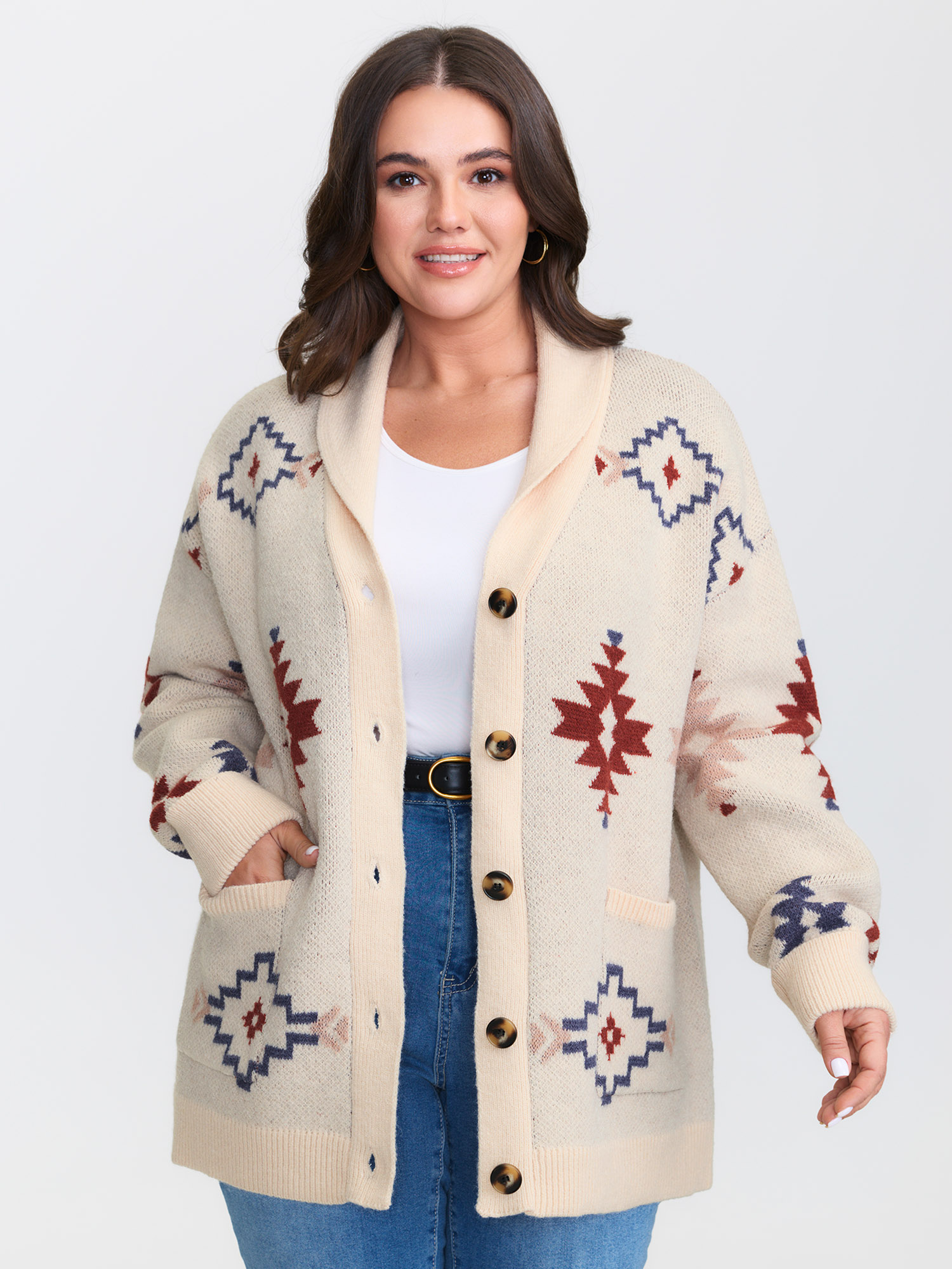 BloomChic Women's Plus Size Boho Jacquard Print Pocket Knit Cardigan Apricot Long Sleeve 10/M