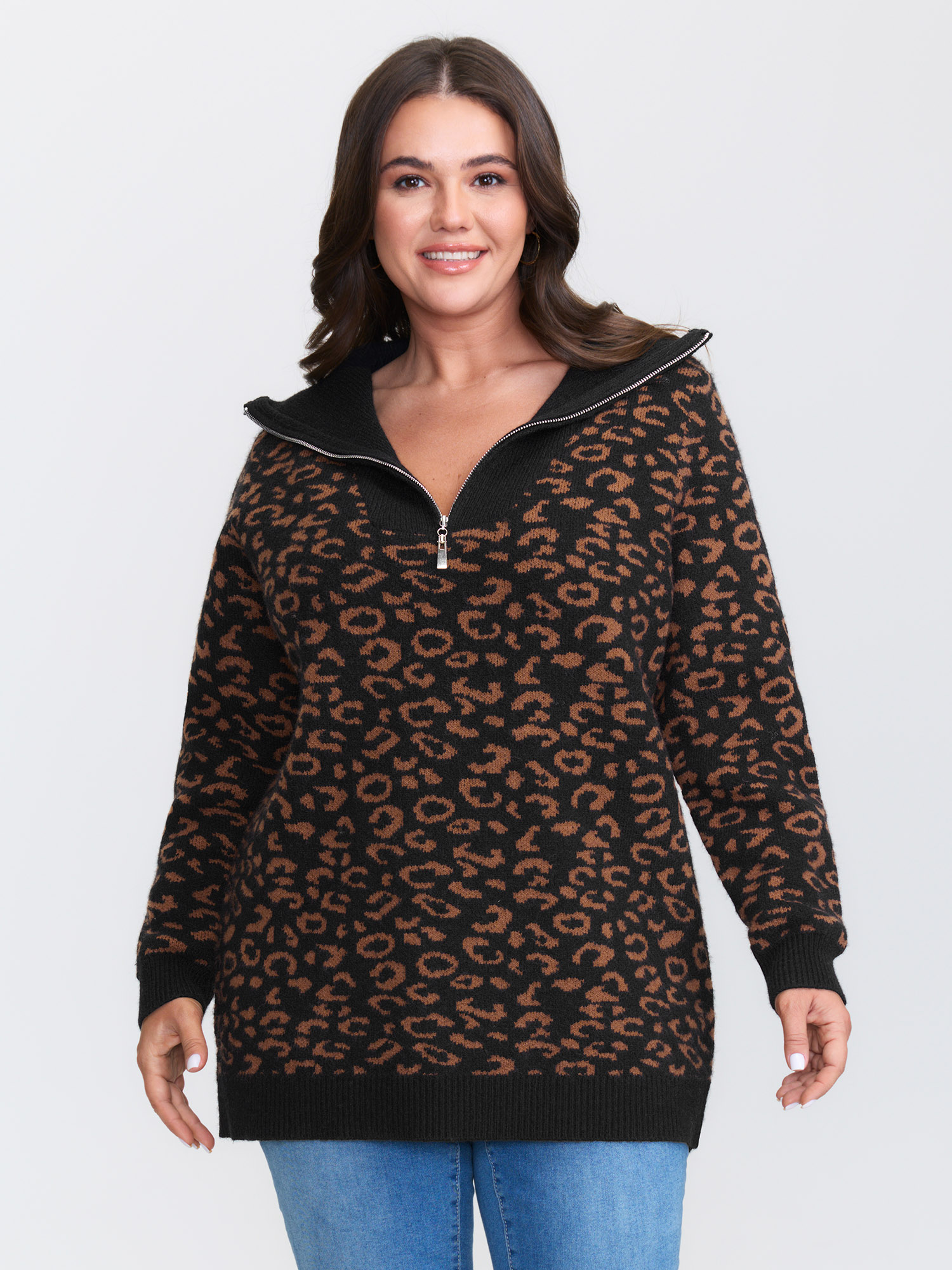 BloomChic Women's Plus Size Leopard Jacquard Print Polo Collar Knit Cardigan Black Long Sleeve 10/M