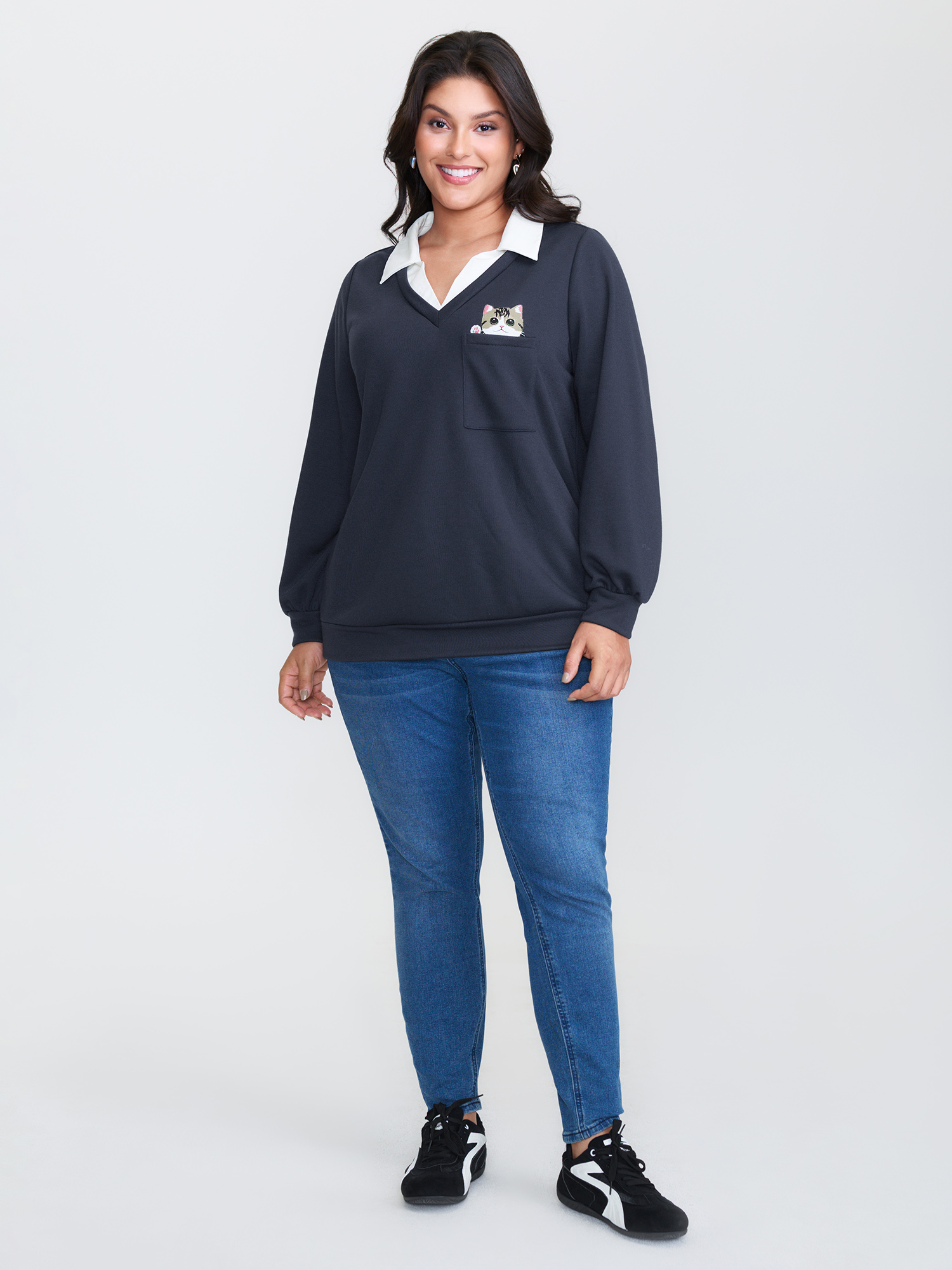 Side view of BloomChic Women's Plus Size Hello Cat Stretchy Layered Twofer Sweatshirt DarkBlue Casual 30/6X