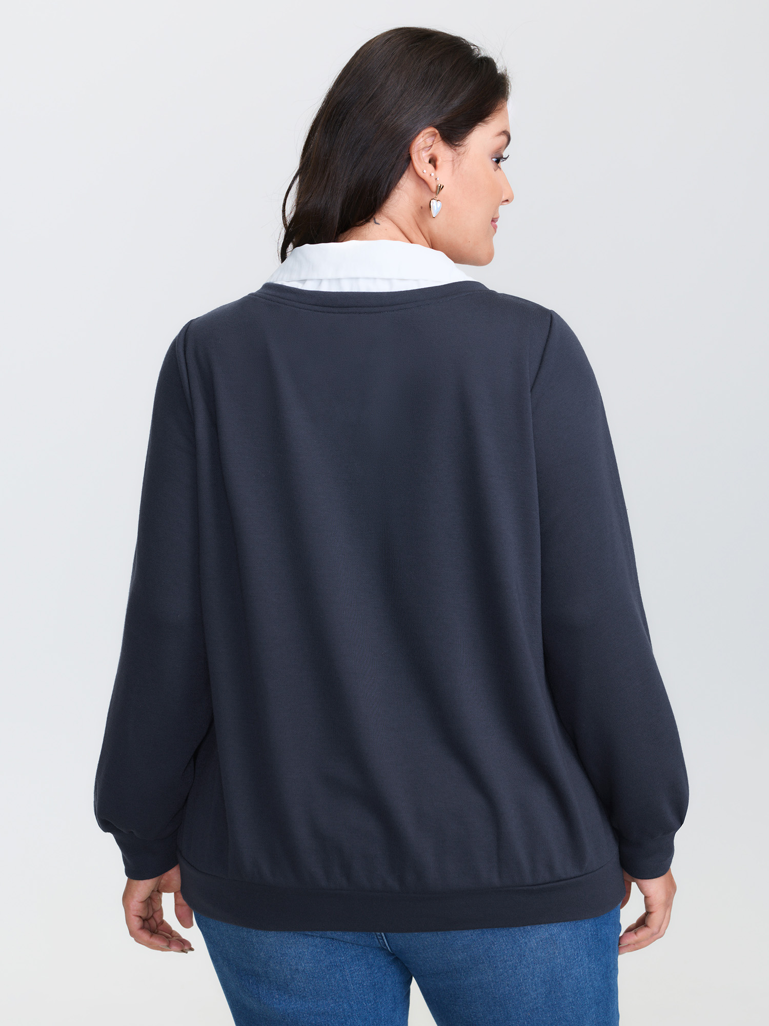 Side view of BloomChic Women's Plus Size Hello Cat Stretchy Layered Twofer Sweatshirt DarkBlue Casual 30/6X