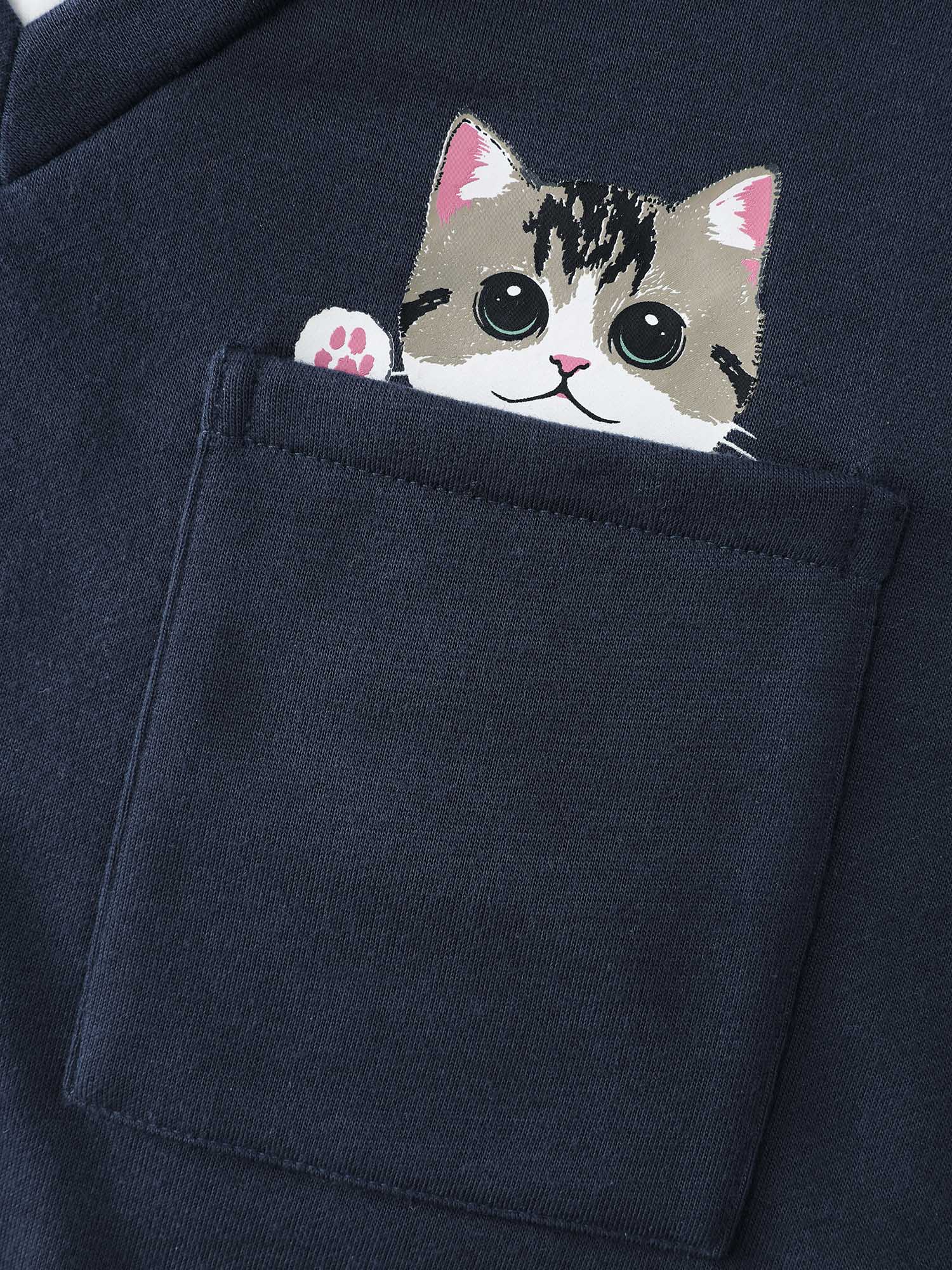 Side view of BloomChic Women's Plus Size Hello Cat Stretchy Layered Twofer Sweatshirt DarkBlue Casual 30/6X