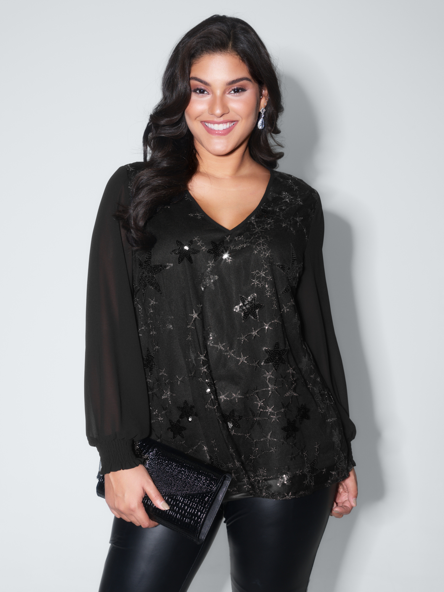 BloomChic Women's Plus Size Shimmery Sequin Shirred Cuff Blouse Black Solid Occasion Long Sleeve V-Neck 12/L