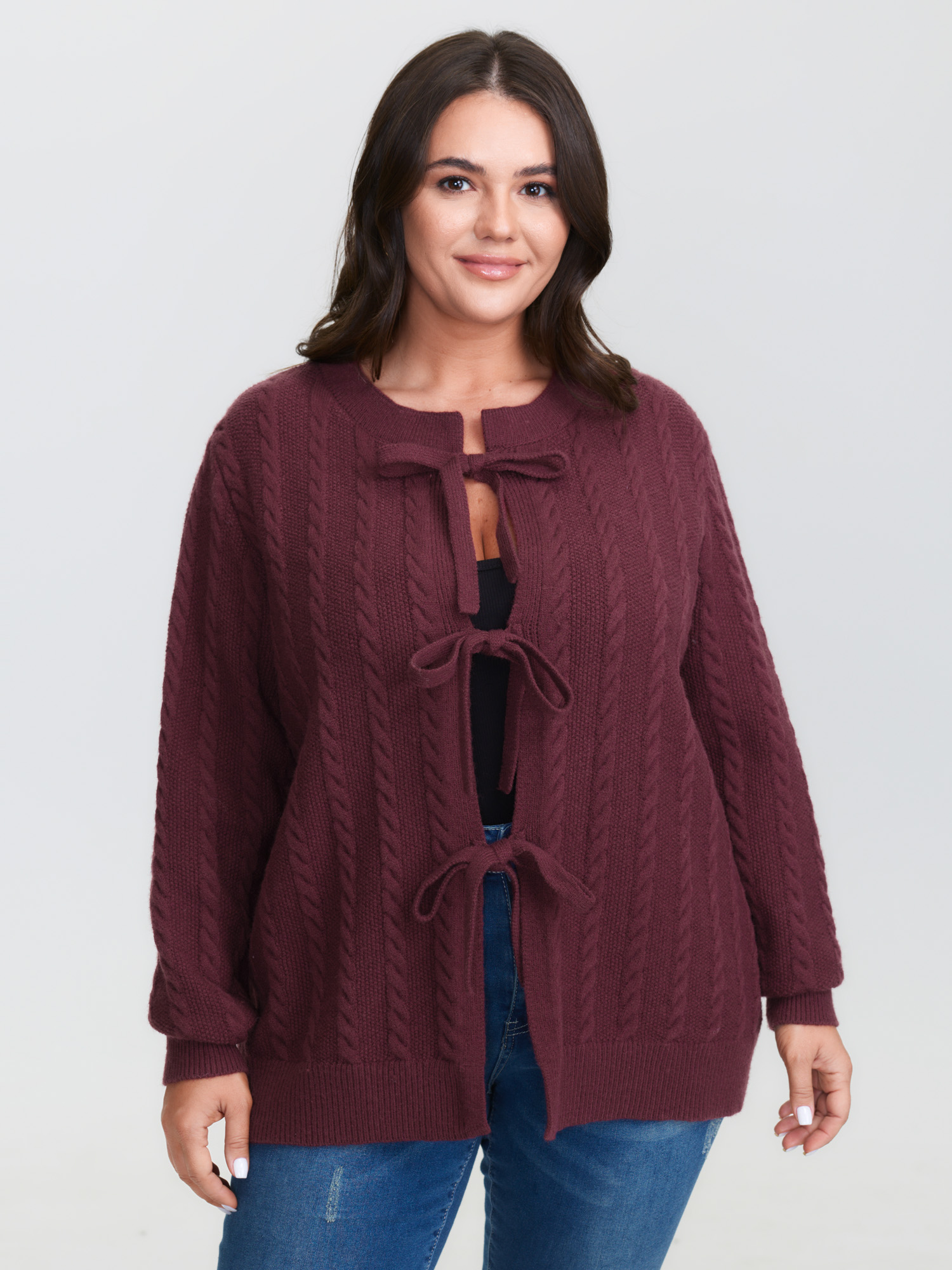 BloomChic Women's Plus Size Stretchy Braided Textured Front-Tie Knit Cardigan Deepred Long Sleeve 14-16/1X
