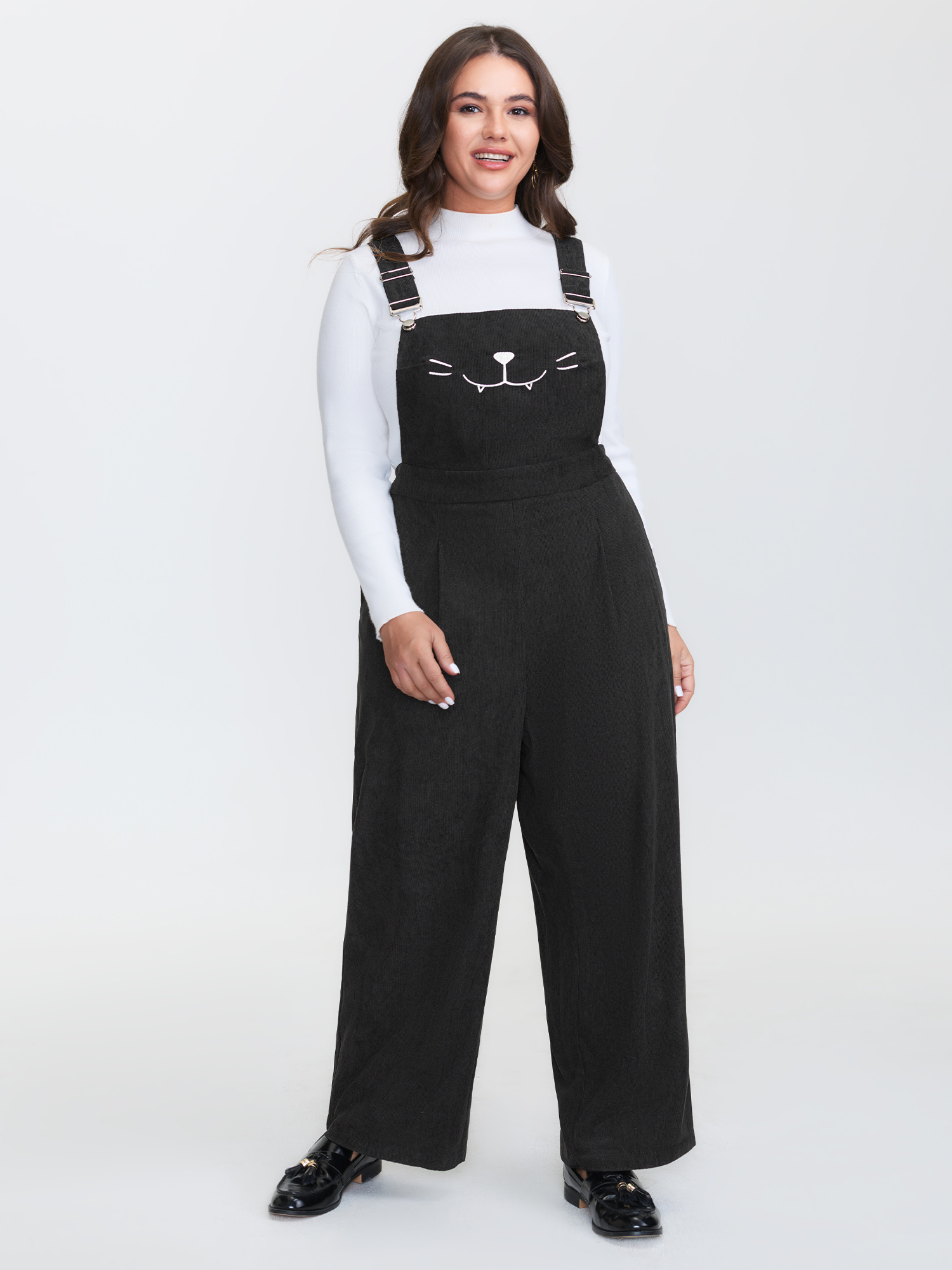 BloomChic Women's Plus Size Cat Embroidered Adjustable Overall Jumpsuit Black Everyday-Casual 12/L